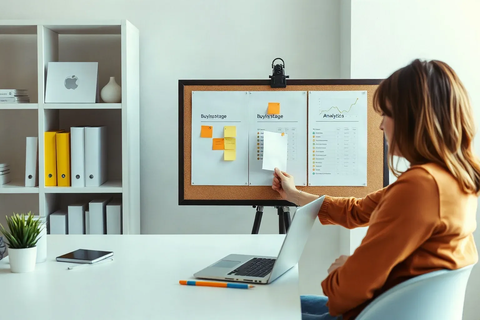 A marketing professional at a shelved workspace reorganising a planning board by moving buying-stage sticky notes into three distinct column clusters while a printed analytics report with line charts is clipped to the board between two clusters