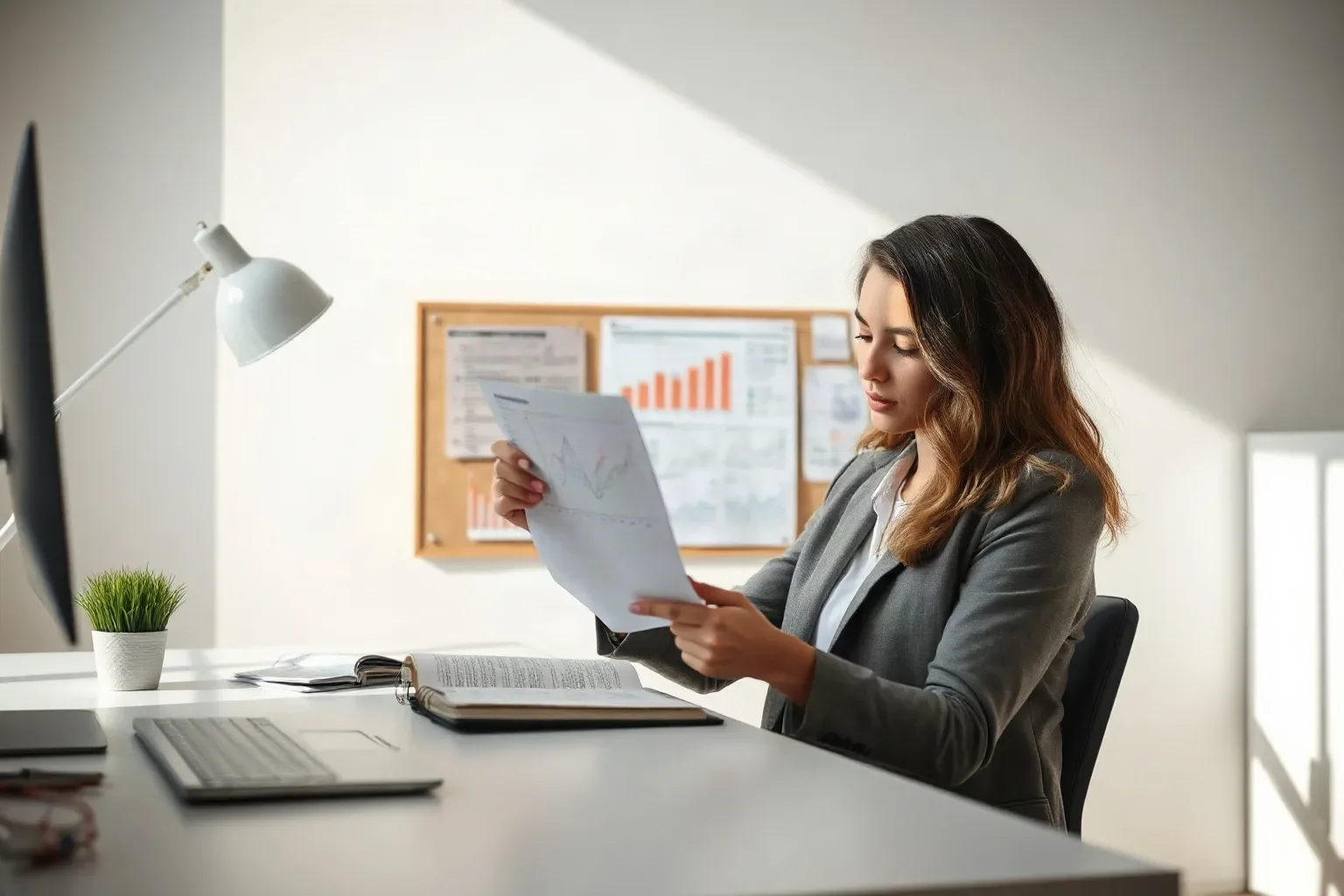A marketing professional seated at a focused desk workspace turning to a fresh page in an open ring-bound notebook and cross-referencing it against a printed analytics report bearing line charts that is propped against the pinboard behind the desk