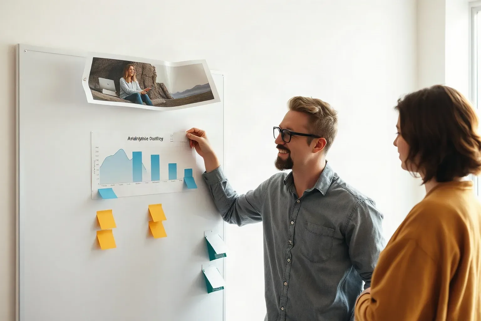 Two people stand at a whiteboard covered in sticky notes and a printed chart, with one person pointing at the chart while the other looks on