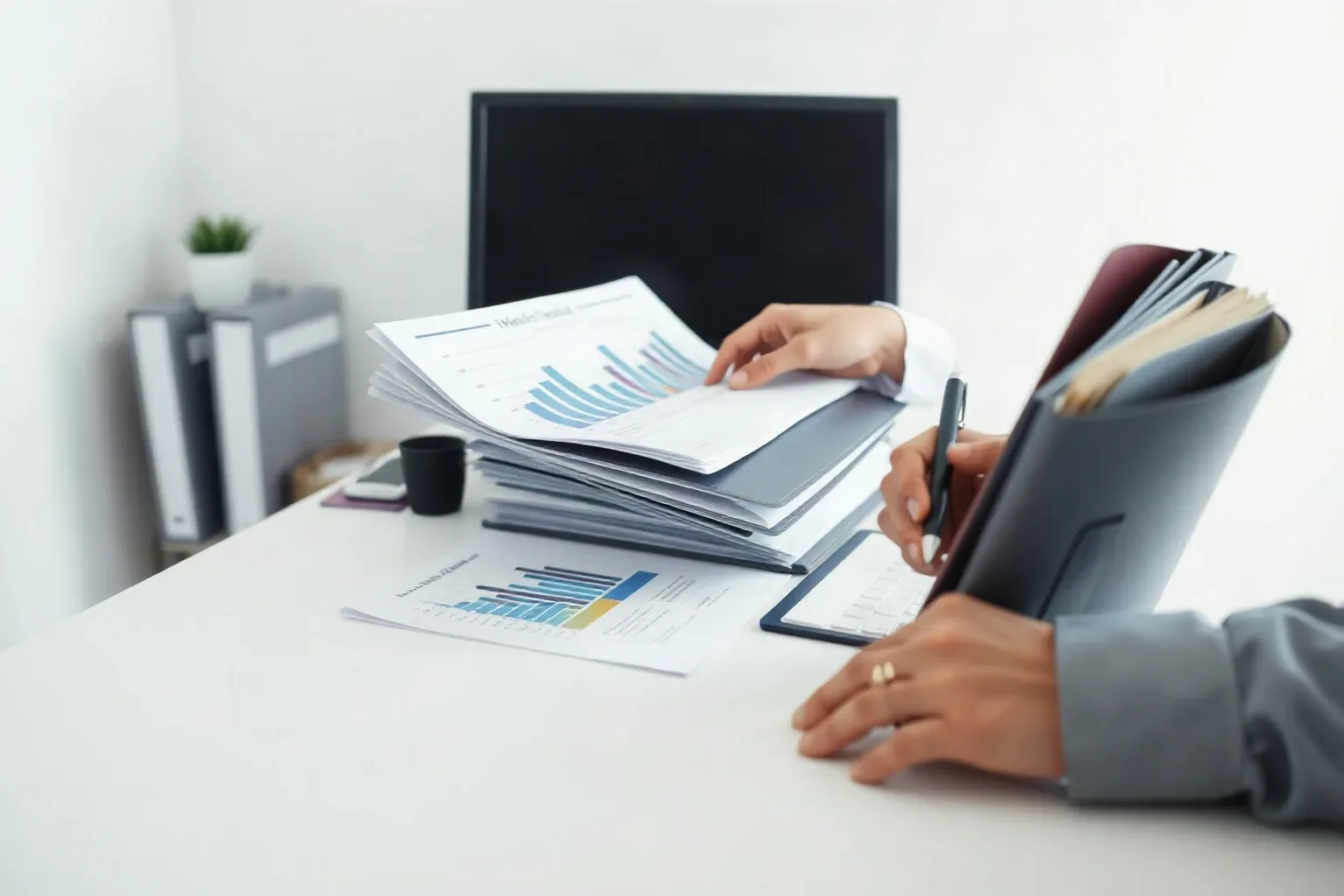 A person in a grey jacket reviews printed reports covered in bar charts at a white desk, holding a pen over a clipboard, with stacked folders and a monitor behind them