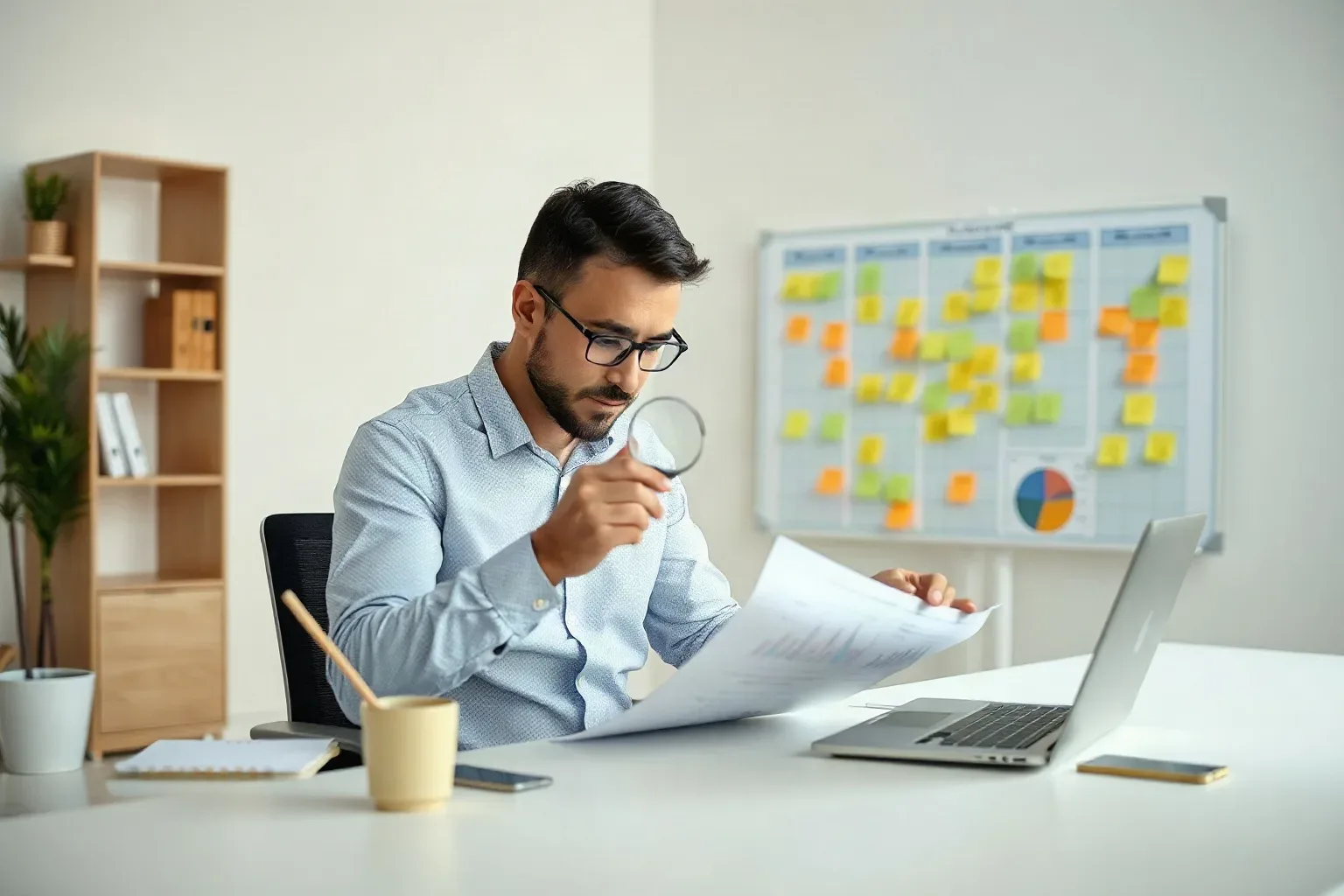 A small-business owner seated at a focused workspace placing a magnifying glass over a specific column of a printed analytics report while a sticky-note-covered planning board fills the wall directly to one side