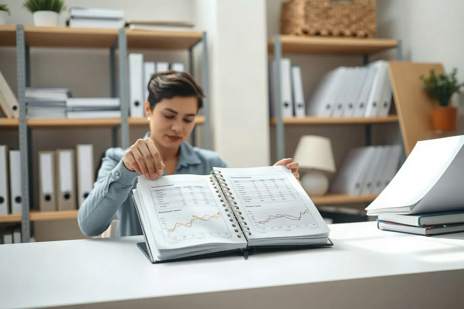 A marketing professional at a shelved office workspace lifting a ring-bound notebook from the top of a stack and laying it open beside a printed report with circled data points to compare two pages of figures