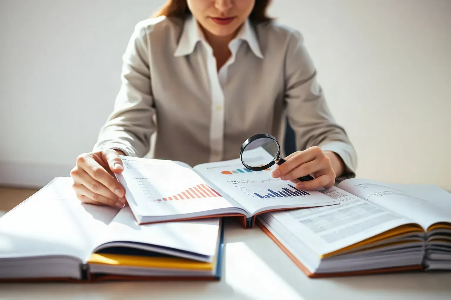 A small-business owner seated at a focused workspace holding a magnifying glass over a printed analytics report open to a line-chart page and writing a note in the margin with the other hand while tabbed folders lie open nearby