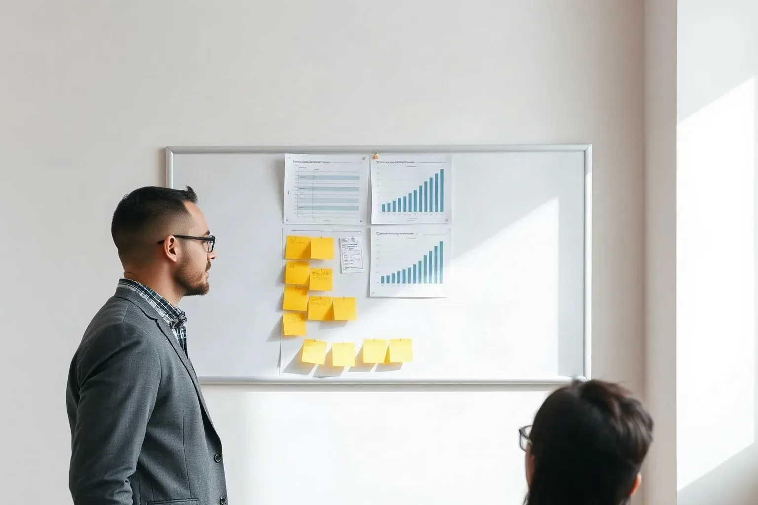 Two people stand before a whiteboard covered in yellow sticky notes and printed bar charts during a workplace meeting