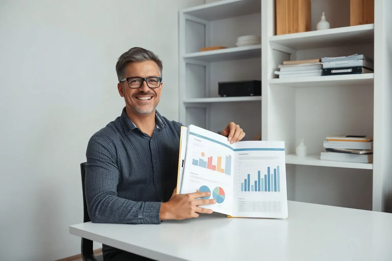 A small-business owner at a shelved single-desk workspace pulling a tabbed folder from the shelving unit and opening it flat beside a printed analytics report that shows circled figures on a bar-chart page