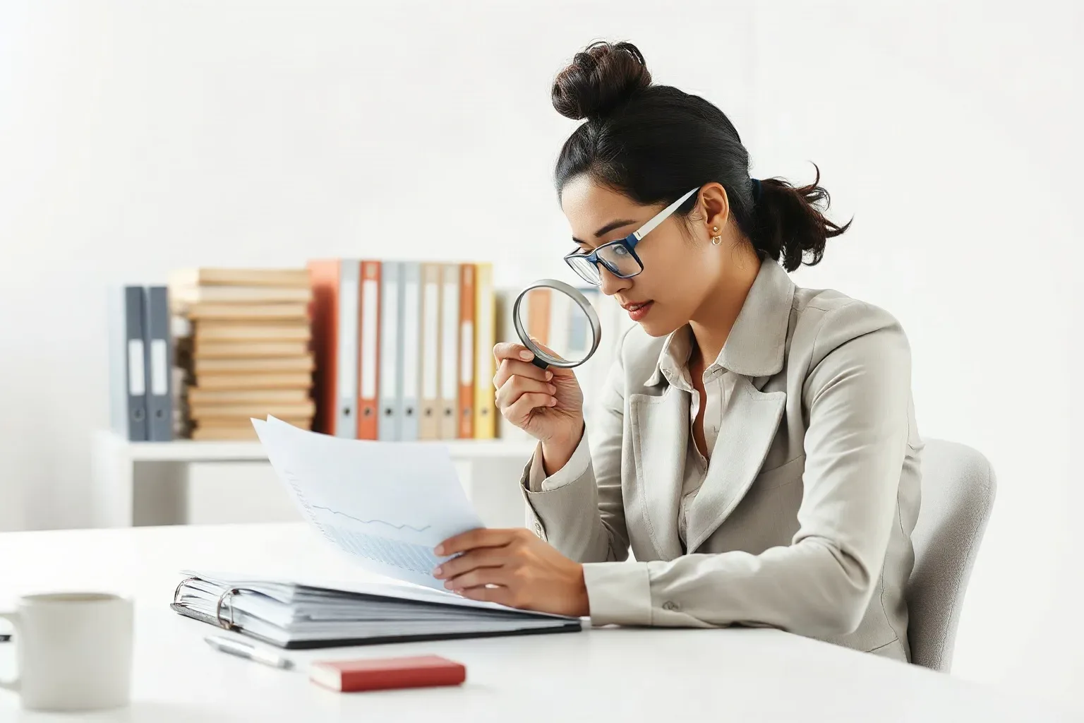 A marketing professional seated at a focused desk workspace pressing a magnifying glass against a column of monthly figures on a printed line-chart report while stacked ring-bound notebooks are arranged in a column directly behind the desk