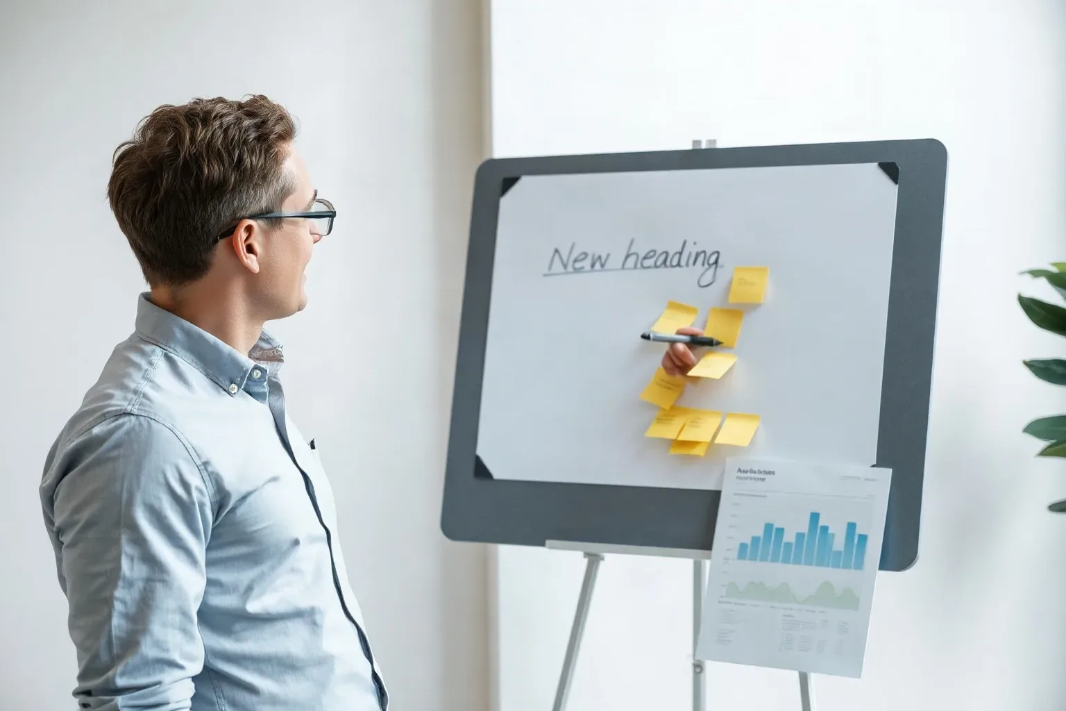 A person wearing glasses stands looking at a whiteboard on an easel covered with yellow sticky notes, with a bar chart document propped below it