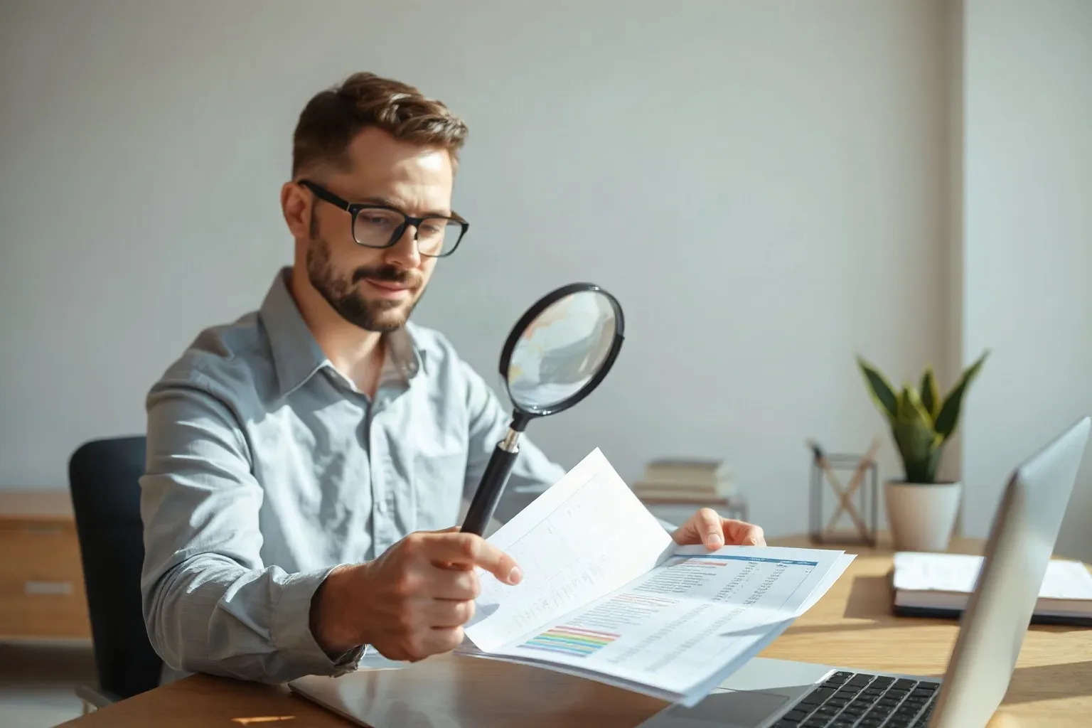 A small-business owner seated at a focused desk workspace holding a magnifying glass over a printed report and tracing a finger along a row of business-listing data
