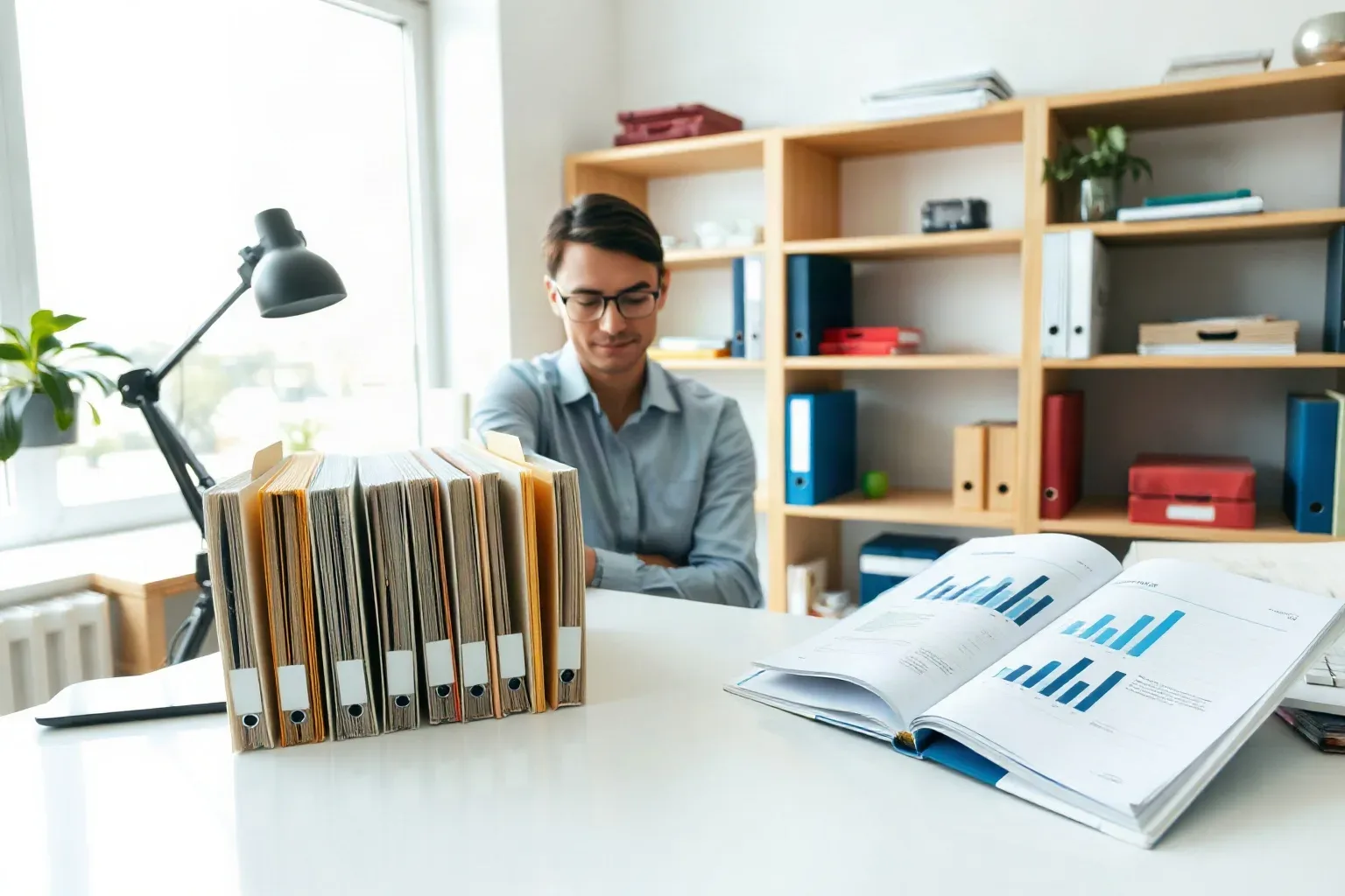 A person wearing glasses sits at a white desk reviewing documents, with stacked tabbed folders and an open report showing bar charts in the foreground, and shelving with binders behind