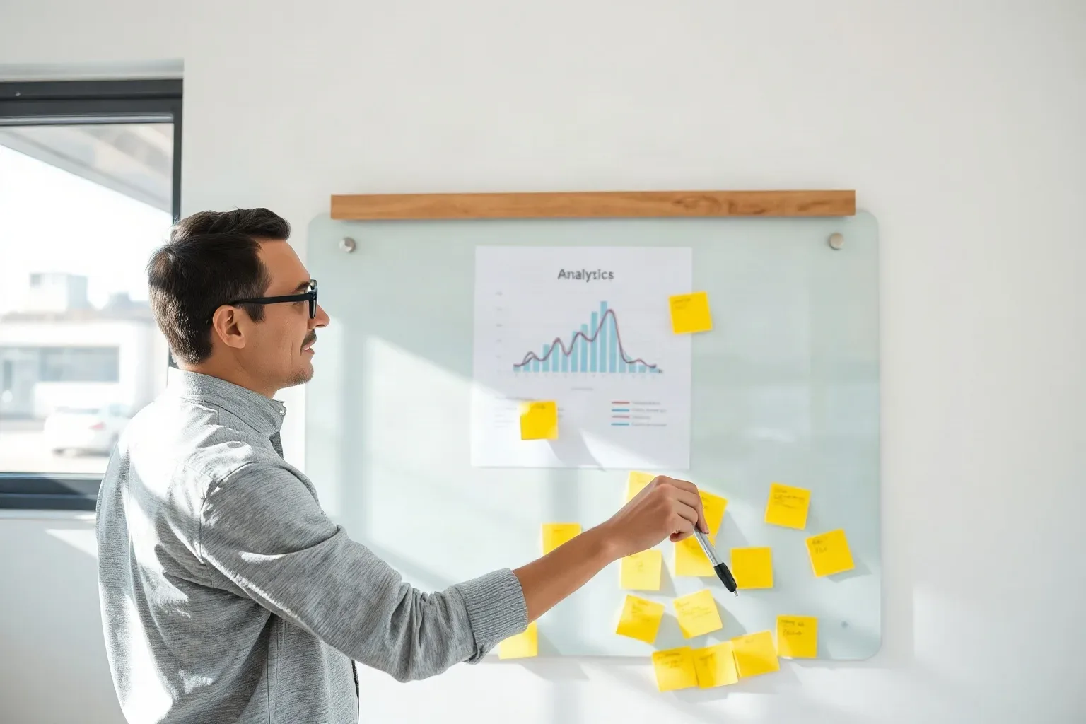 A person wearing glasses writes on a glass board covered with yellow sticky notes, next to a printed analytics chart pinned to the board