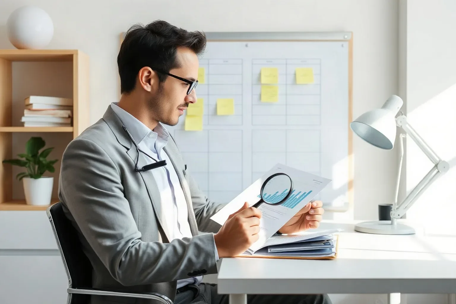 A small-business owner seated at a single-desk workspace resting a magnifying glass on a printed analytics report opened to a page of bar charts and reaching for a sticky note from the planning board behind