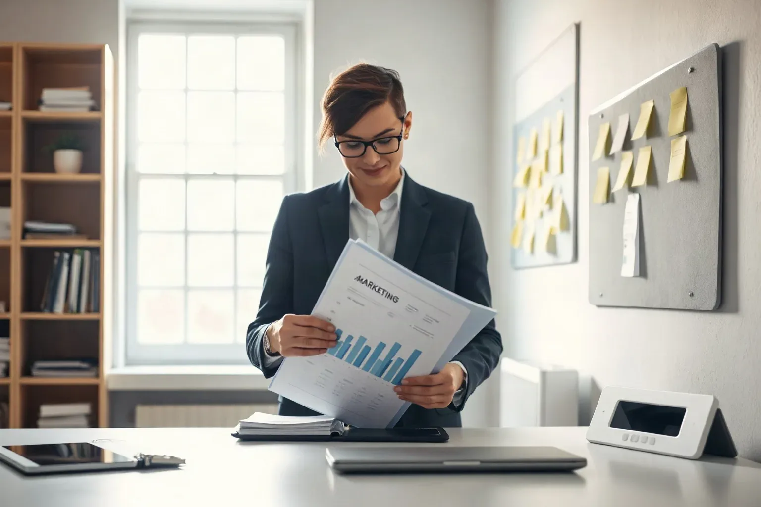 A marketing professional at a shelved workspace pulling a tabbed folder from the shelf and laying it open next to a printed analytics report while sticky notes are arranged in a visible cluster on the pinboard behind the desk