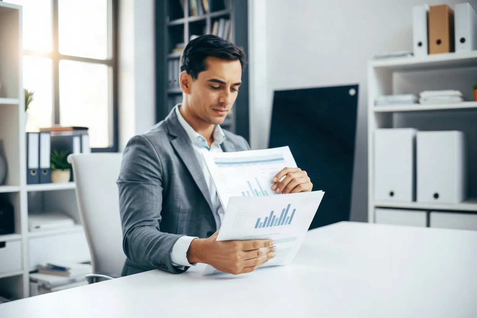 A marketing professional at a shelved office workspace opening a tabbed folder across the desk surface and cross-referencing its contents with a printed bar-chart report held in the other hand