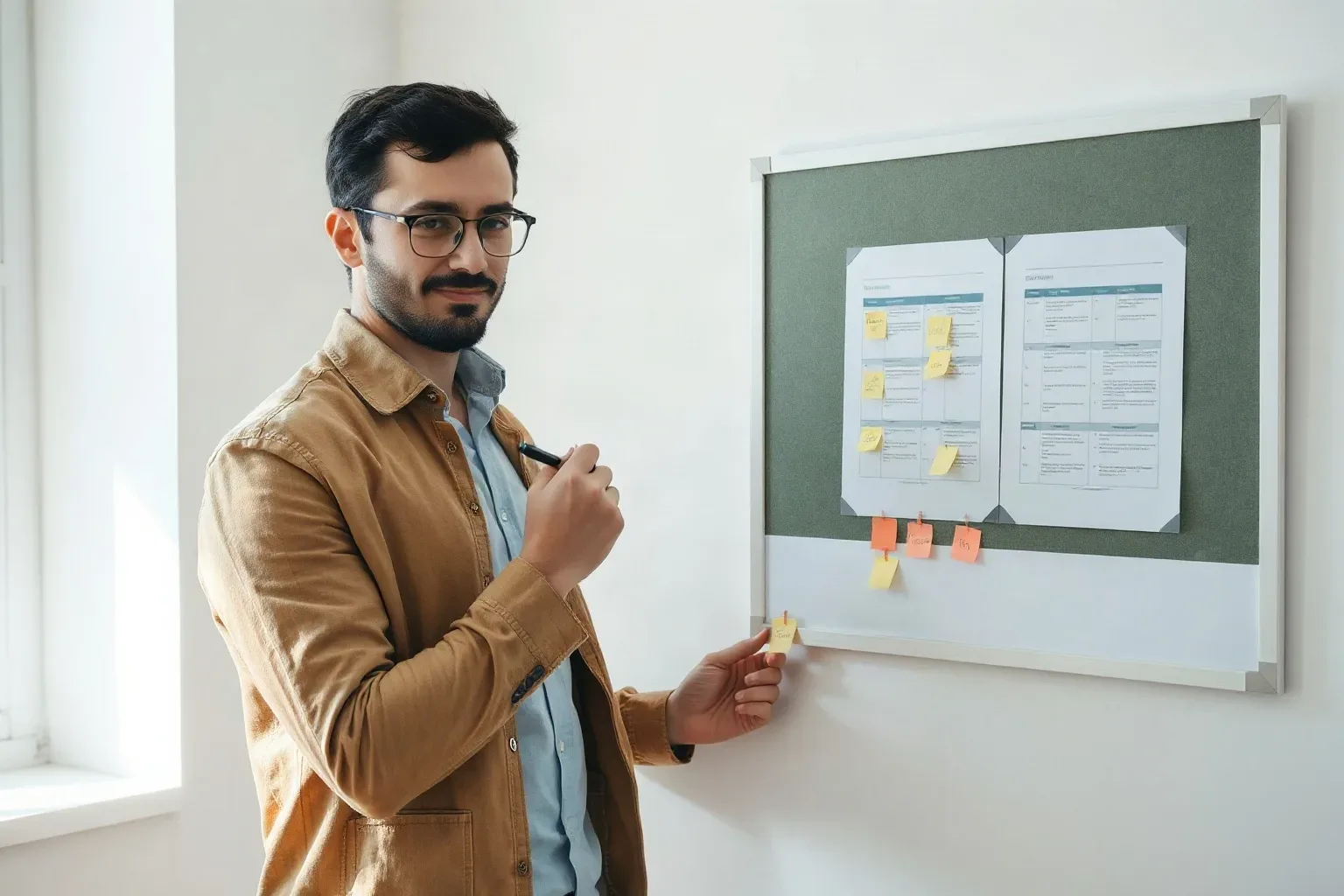 A person wearing glasses and a brown shirt places a sticky note on a cork planning board covered in printed sheets and colourful sticky notes, holding a pen