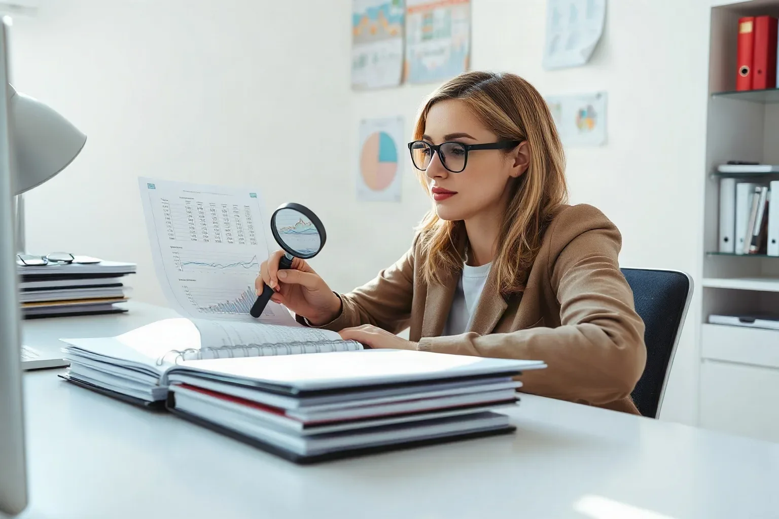 A marketing professional seated at a focused desk workspace pressing a magnifying glass onto a column of figures within a printed line-chart report while a stack of ring-bound notebooks sits within arm's reach