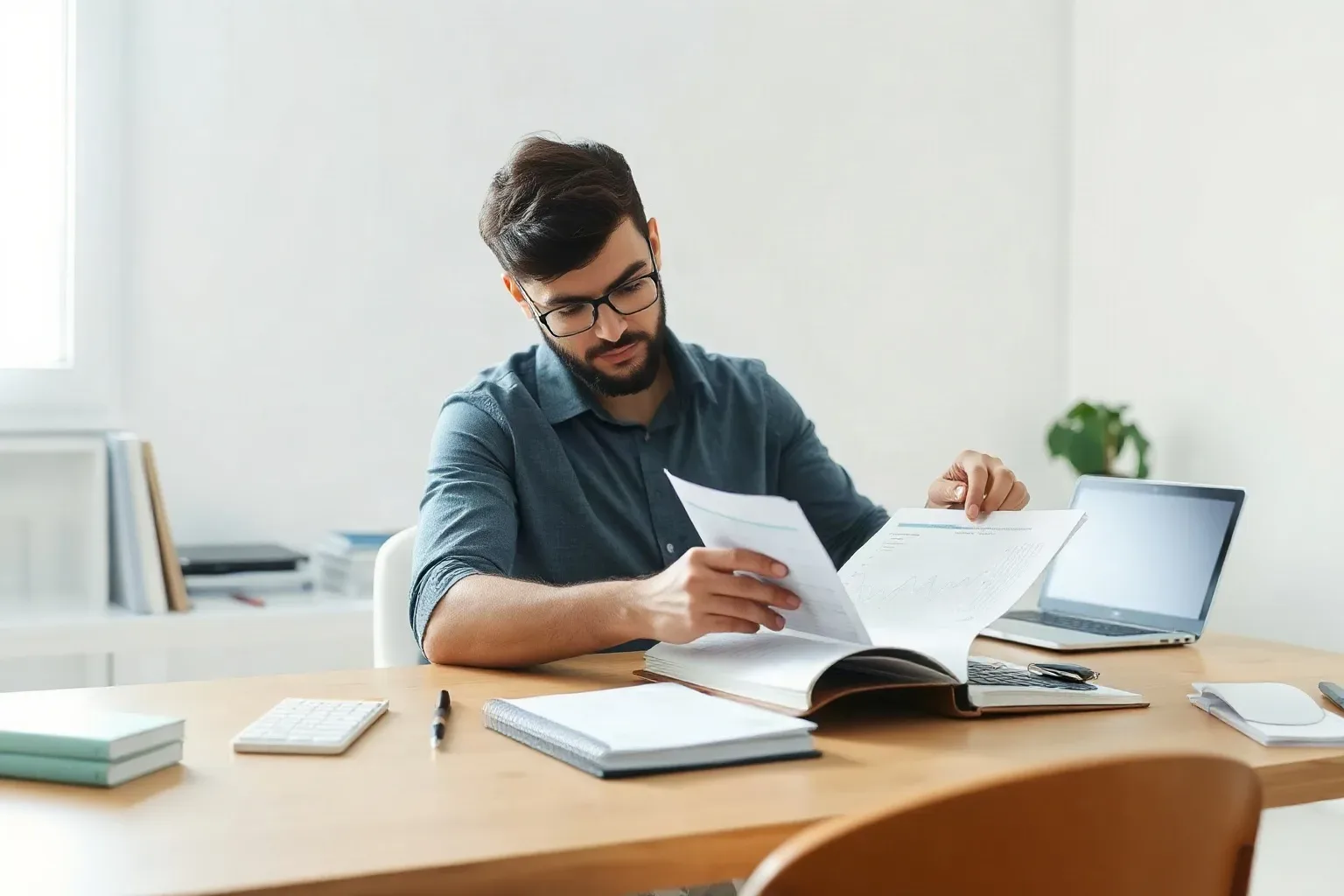 A person with a beard and glasses sits at a wooden desk, leafing through a large open binder, with a laptop, notebook, and keyboard nearby