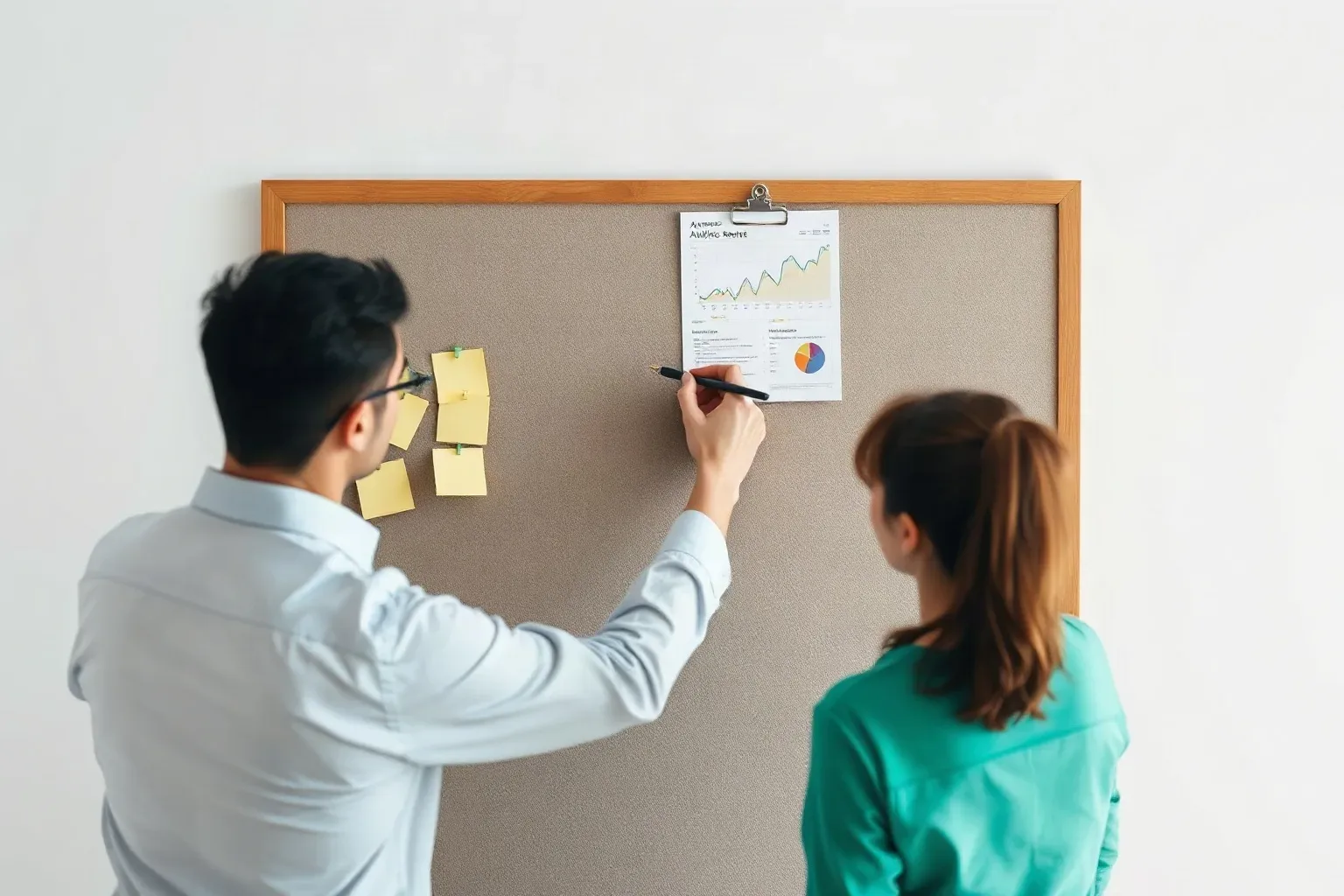 Two people stand facing a corkboard, with one pointing a pen at a clipped document showing charts while sticky notes are pinned nearby