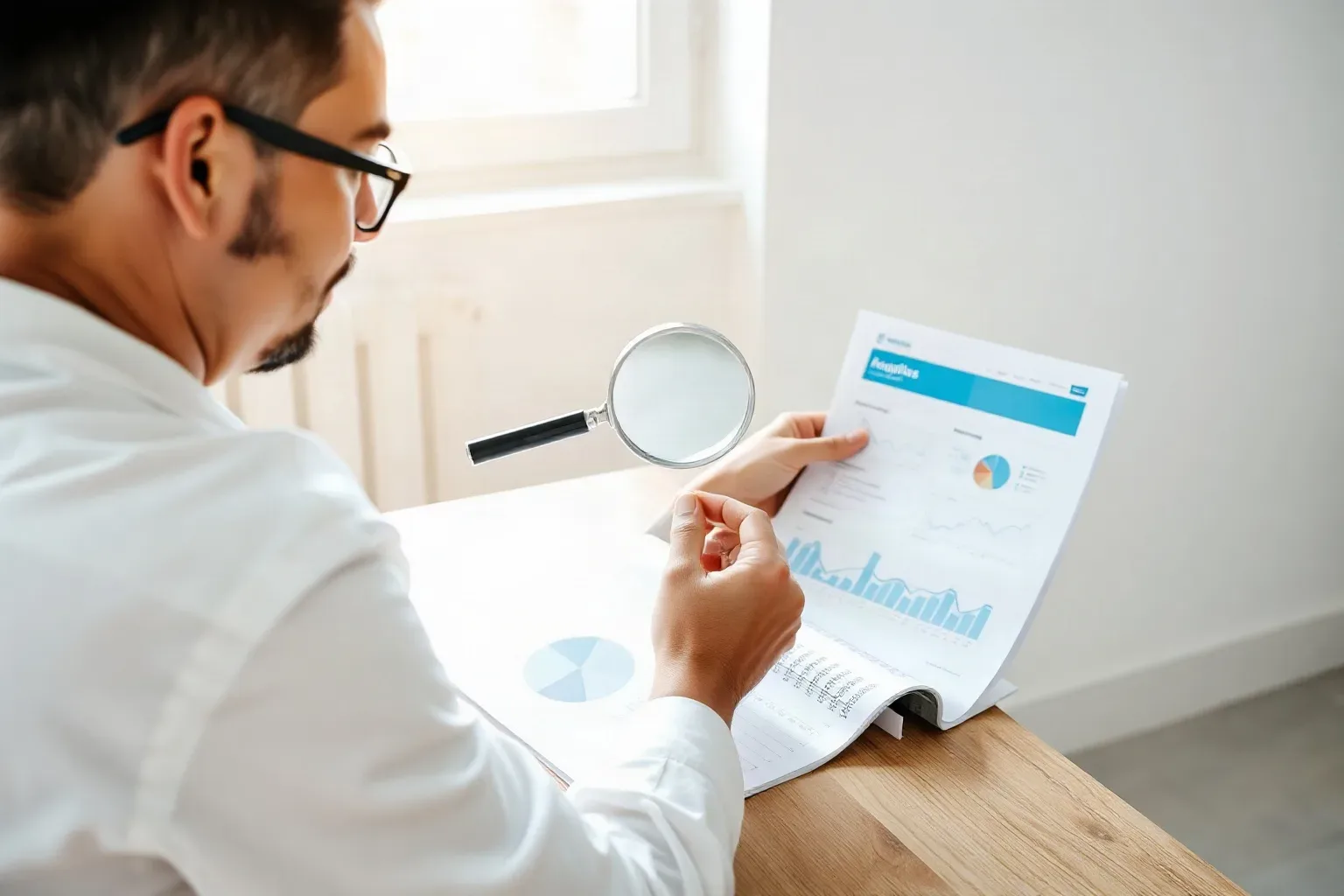 A small-business owner seated at a focused workspace lifting a magnifying glass from a printed analytics report and turning to annotate a page in an open tabbed folder on the same desk