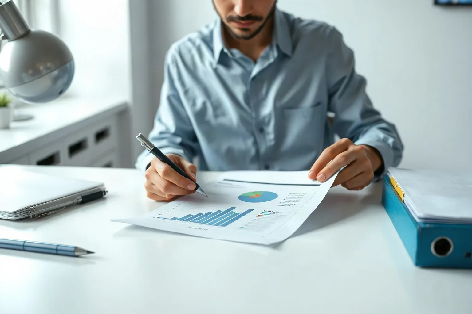 A marketing professional at a focused desk workspace arranging tabbed folders in a deliberate sequence while a printed bar-chart report lies open and annotated in the centre of the desk