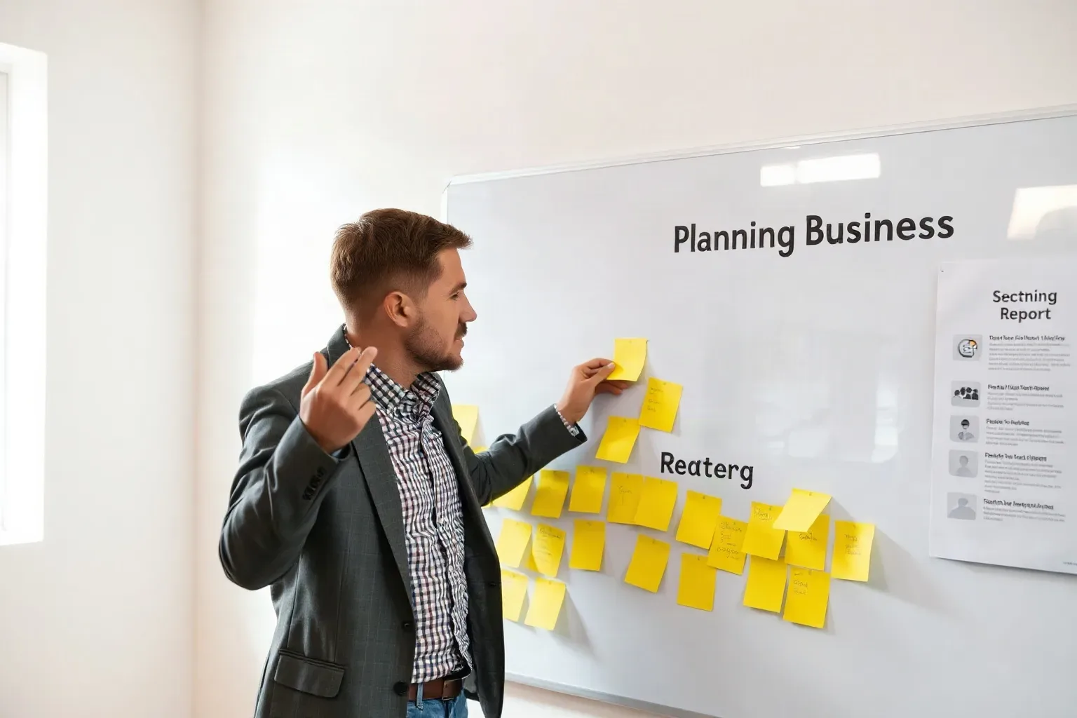 A person in a blazer places a yellow sticky note on a whiteboard covered in sticky notes while gesturing with their other hand