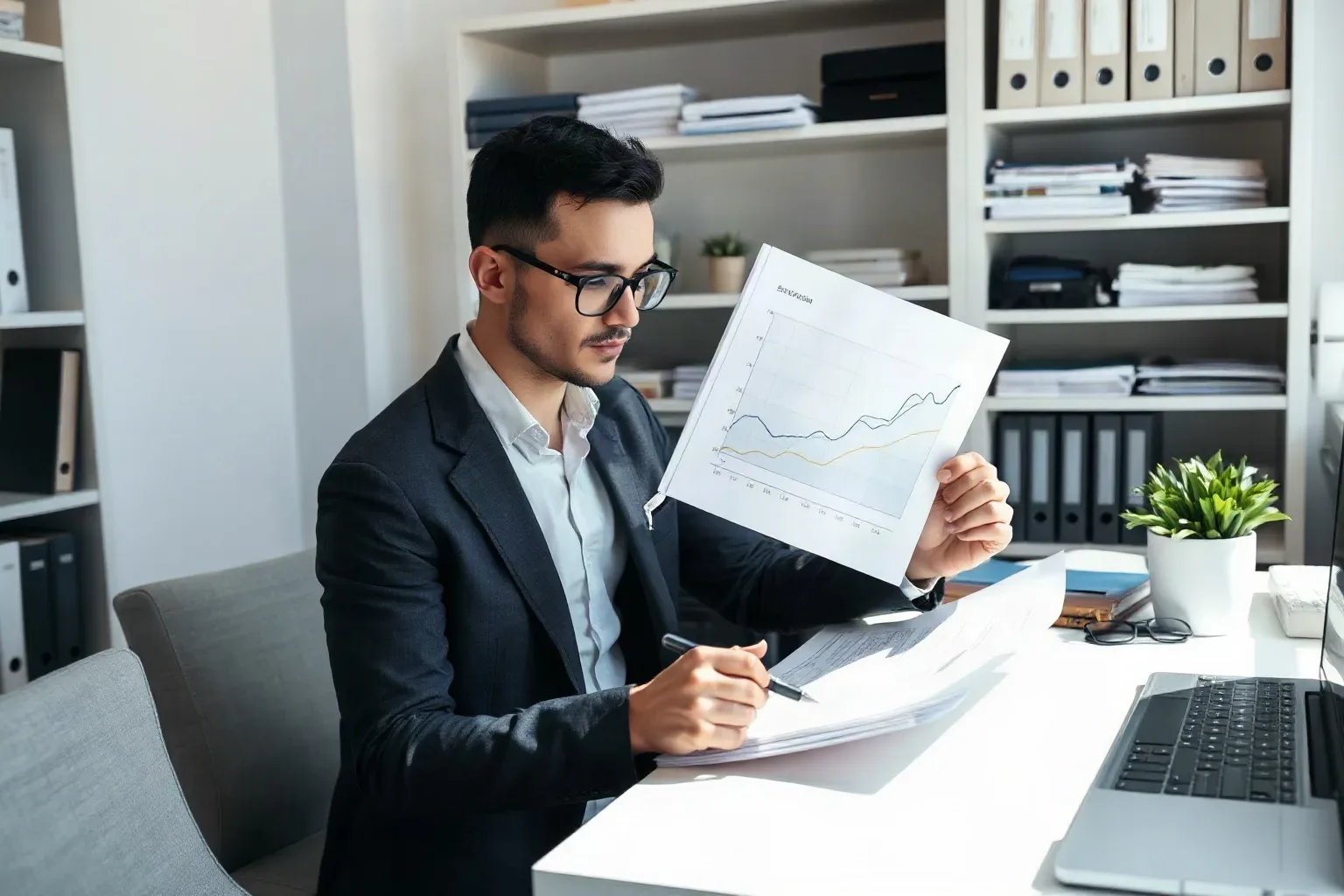 A person in a dark blazer sits at a desk reviewing a printed line chart, with a pen in hand and shelving stacked with folders and papers behind them