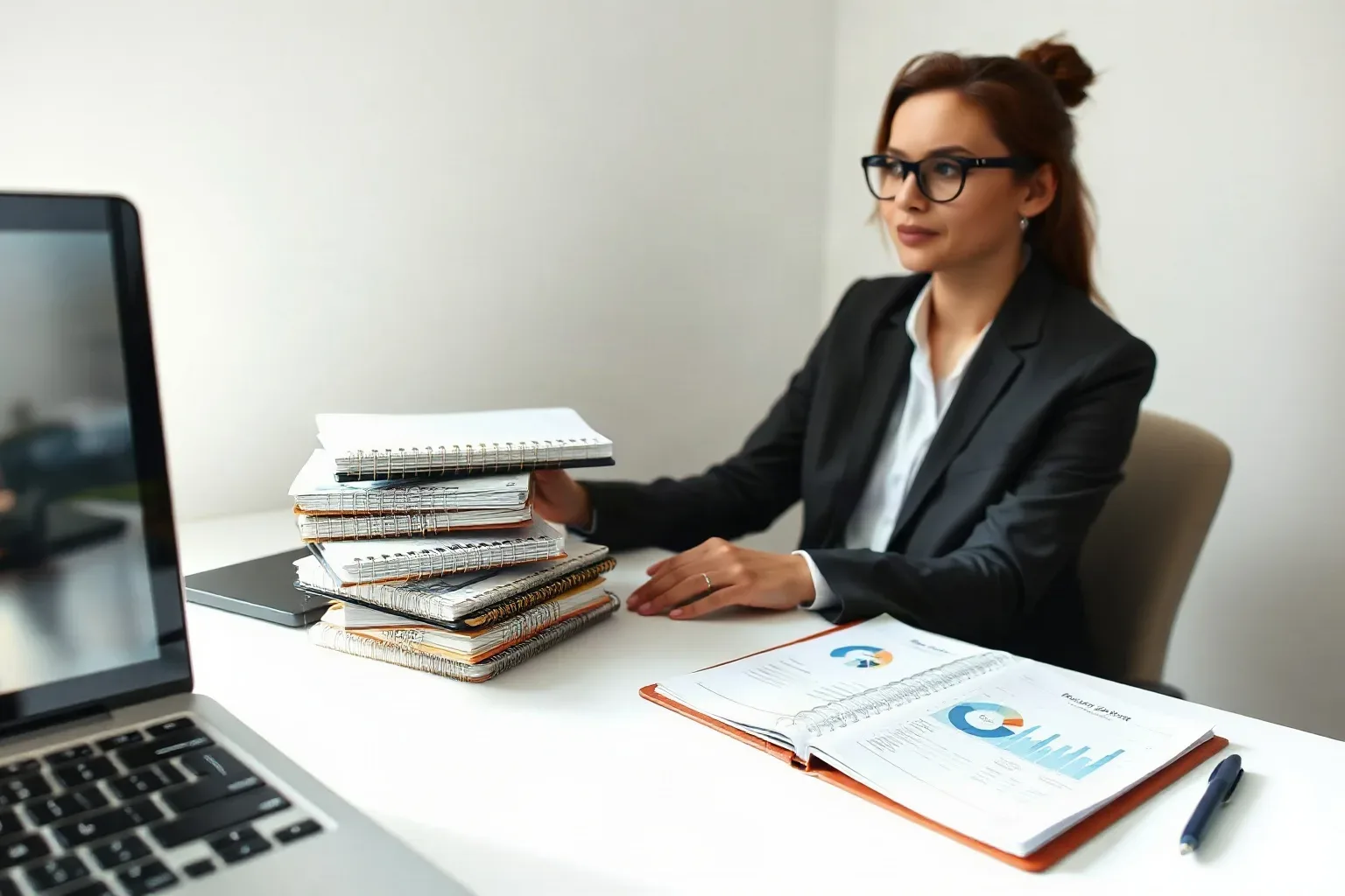A small-business owner at a single desk workspace stacking a newly completed ring-bound notebook onto an existing pile and flipping open the next notebook beside a printed analytics report
