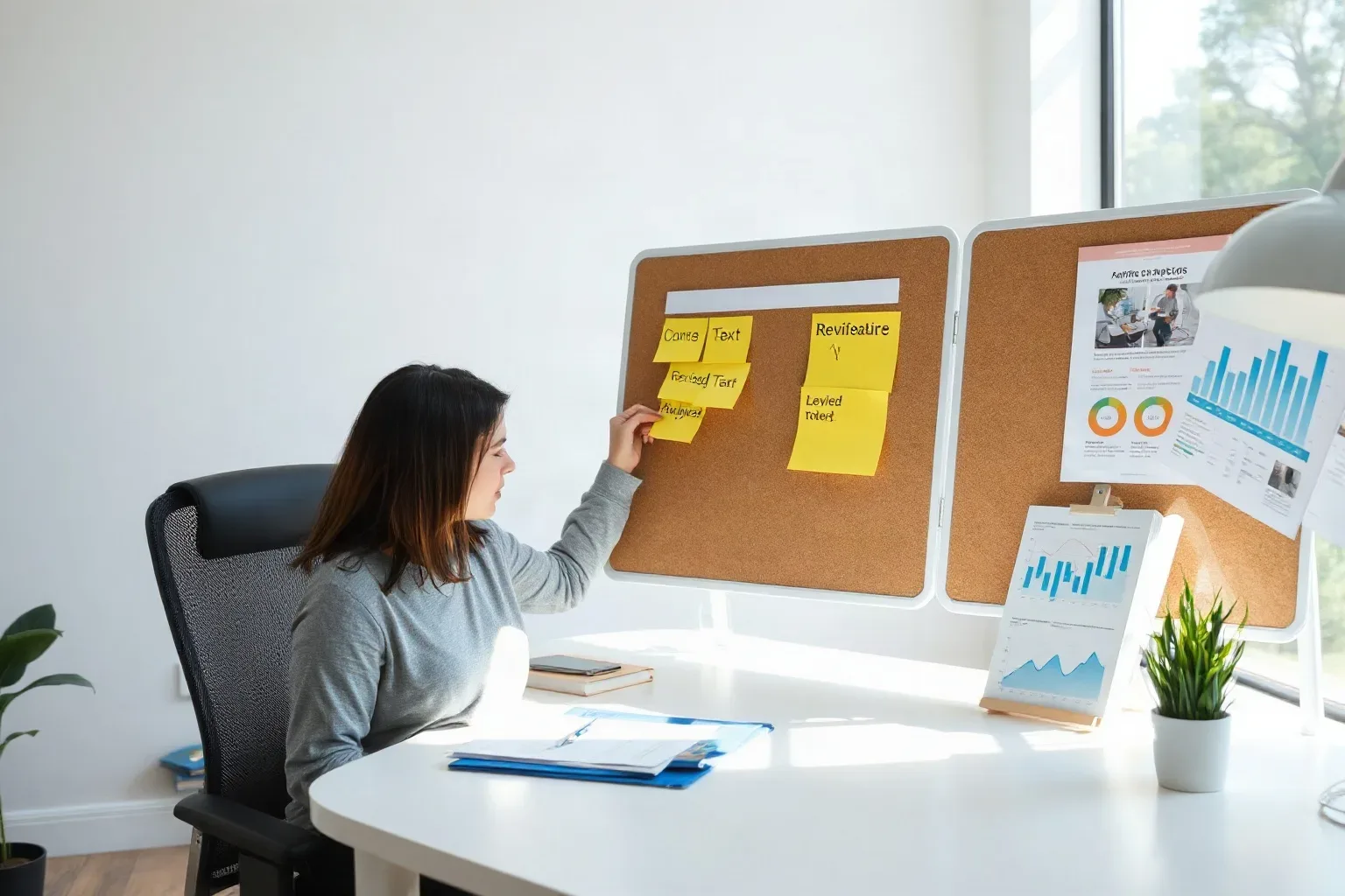 A marketing professional at a focused single-desk workspace pulling a sticky note from a planning board cluster and writing revised text on it before returning it to the board beside a printed analytics report