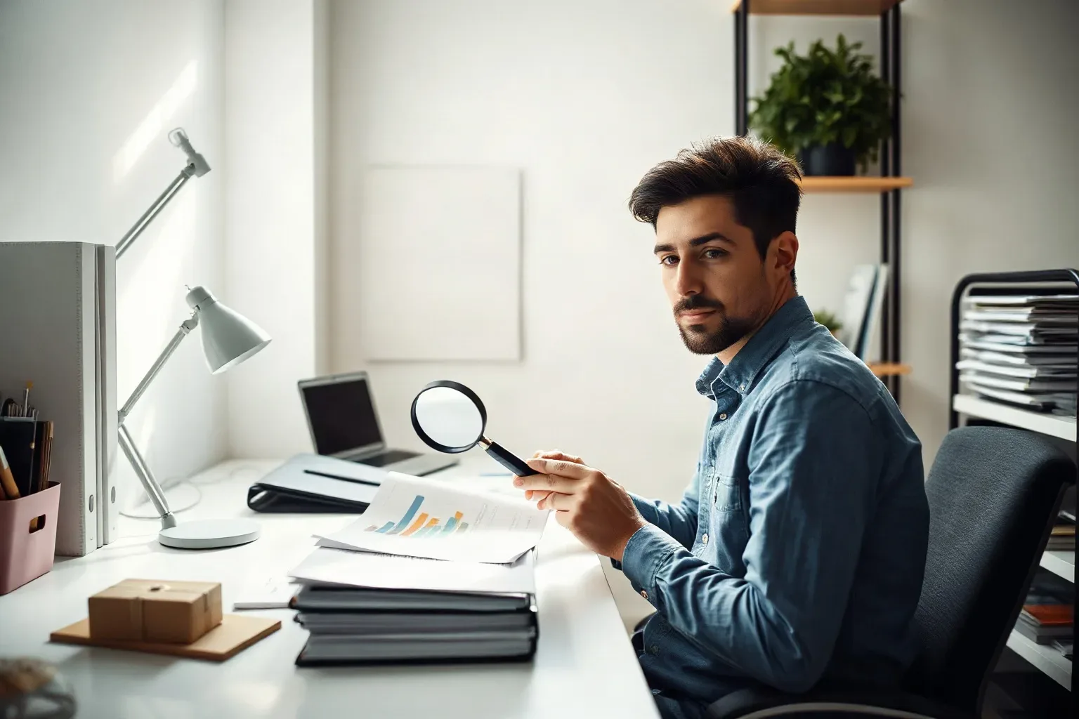 A small-business owner seated at a desk workspace setting a magnifying glass down on a printed analytics report and reaching toward a stack of tabbed folders on a nearby shelving unit