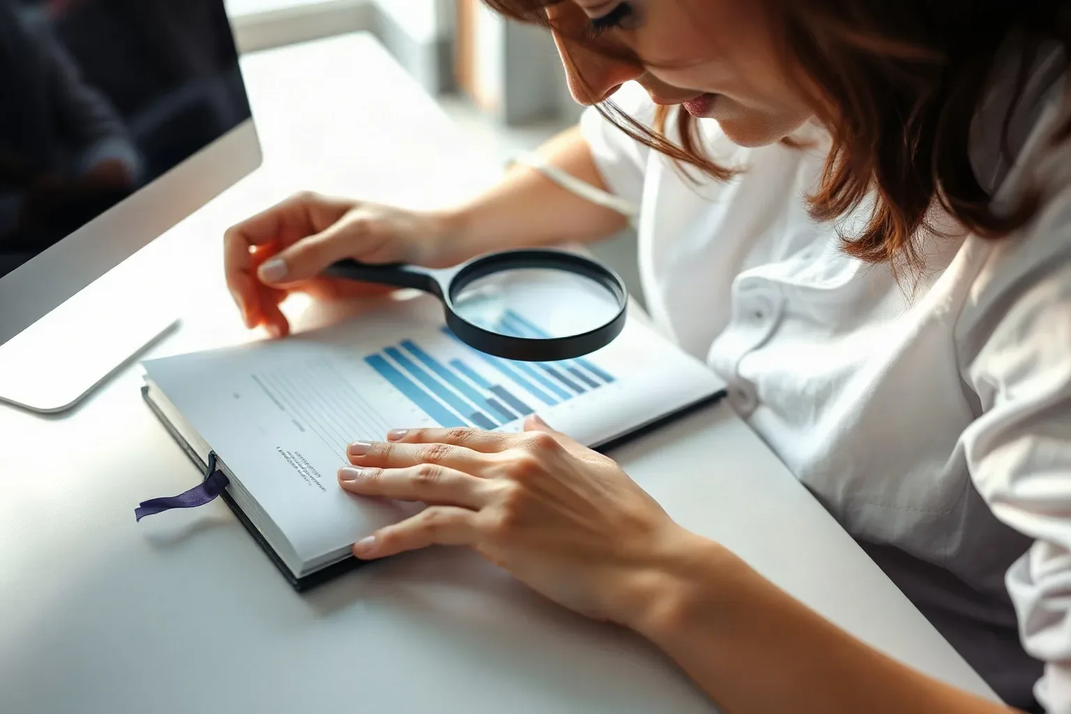 A marketing professional at a focused desk workspace using a magnifying glass to examine a detailed section of a bar-chart printout while a ring-bound notebook lies open to a hand-annotated page beside it