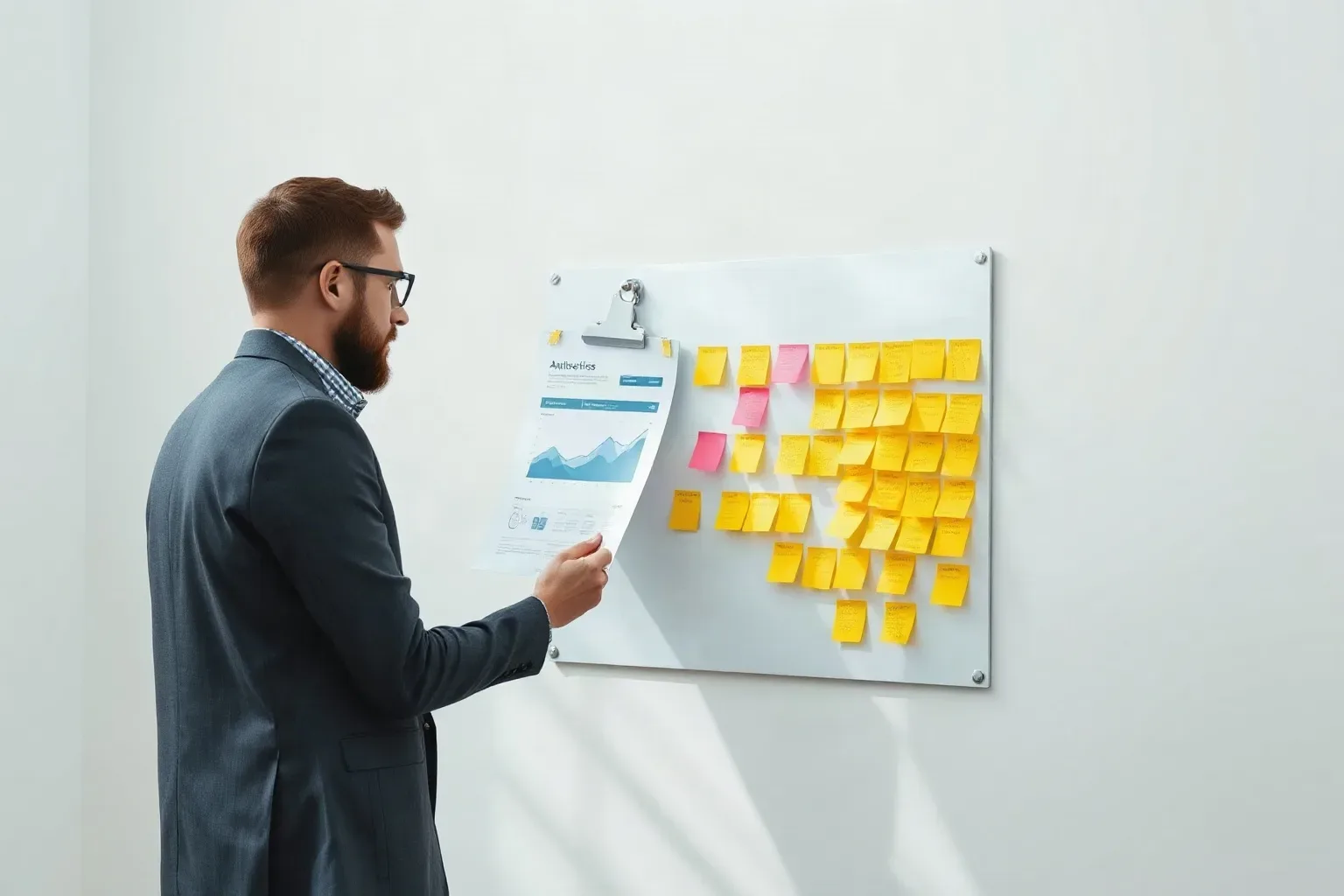 A bearded person in a suit jacket examines a document clipped to a board covered in yellow and pink sticky notes