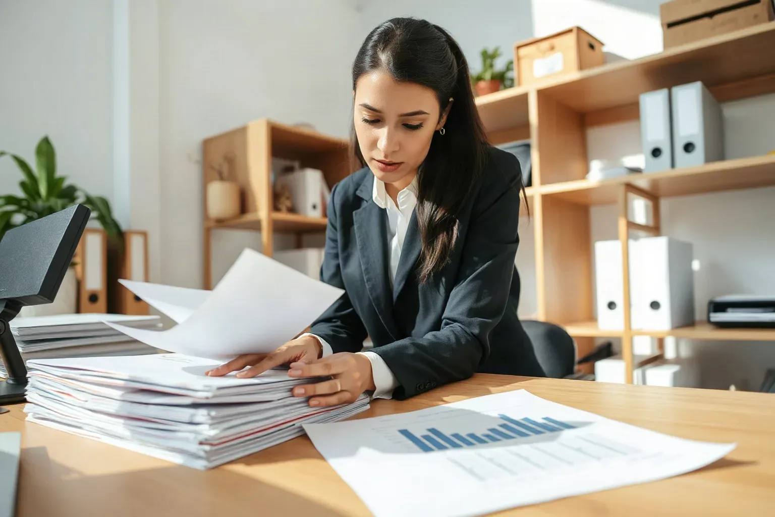A person in a dark blazer sorts through a large stack of papers at a wooden desk, with shelving units holding files and boxes visible behind them