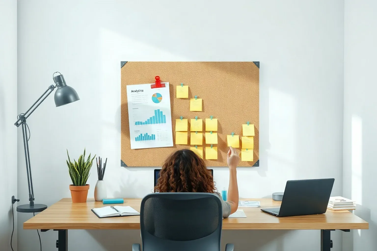 A marketing professional at a single desk workspace clipping a freshly printed analytics page to a pinboard and adjusting surrounding sticky notes into a revised cluster arrangement