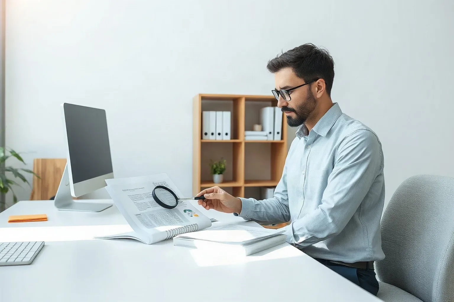 A small-business owner at a focused desk workspace resting a magnifying glass on an open printed report and reaching across to retrieve a tabbed folder from a shelving unit beside the desk