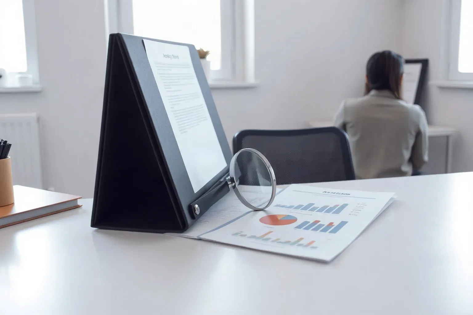 A marketing professional at a focused desk workspace sliding a tabbed folder open across the desk and pressing a magnifying glass onto a dense section of a printed analytics report lying beside it