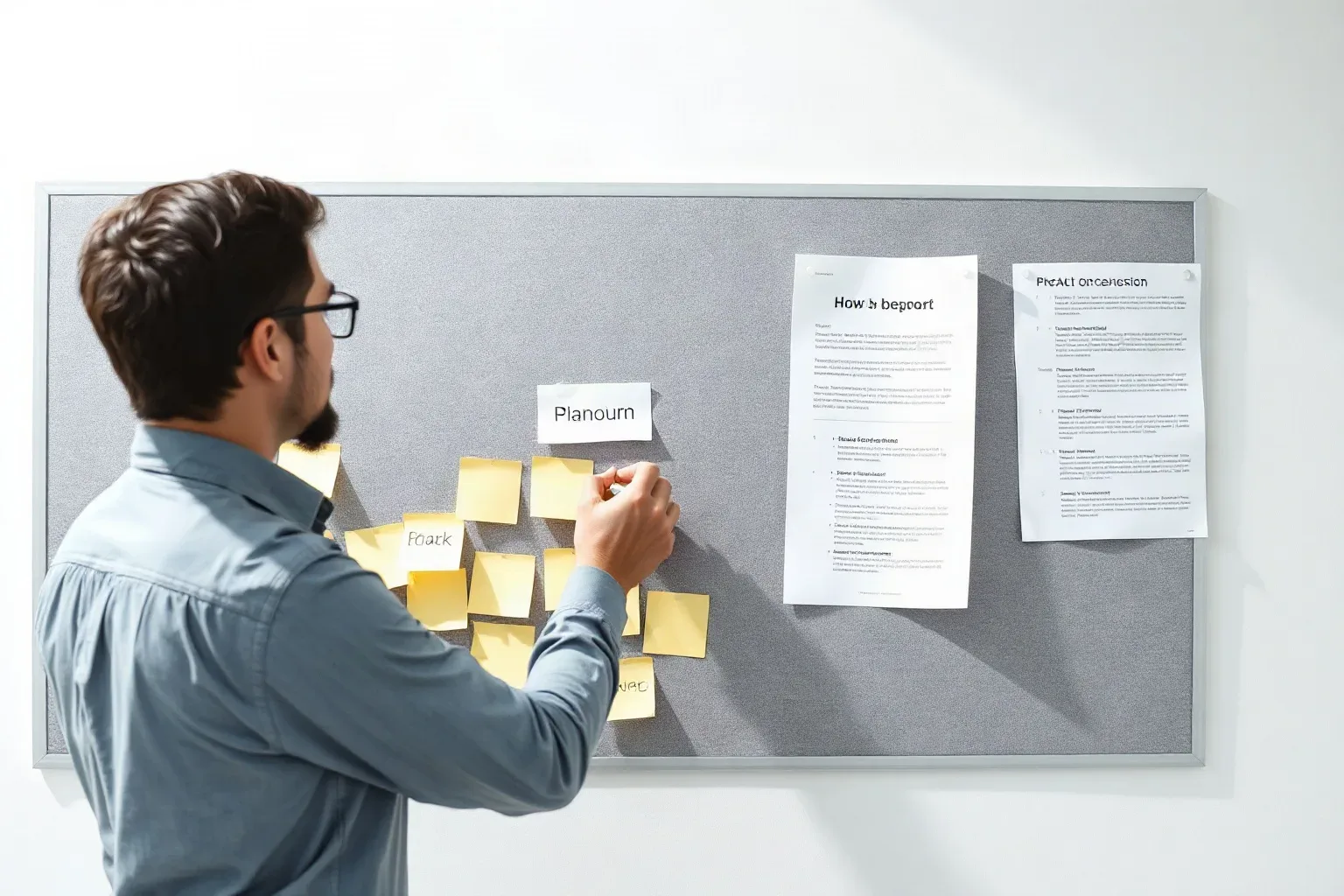A person with glasses and a beard pins sticky notes to a cork noticeboard that also holds printed documents