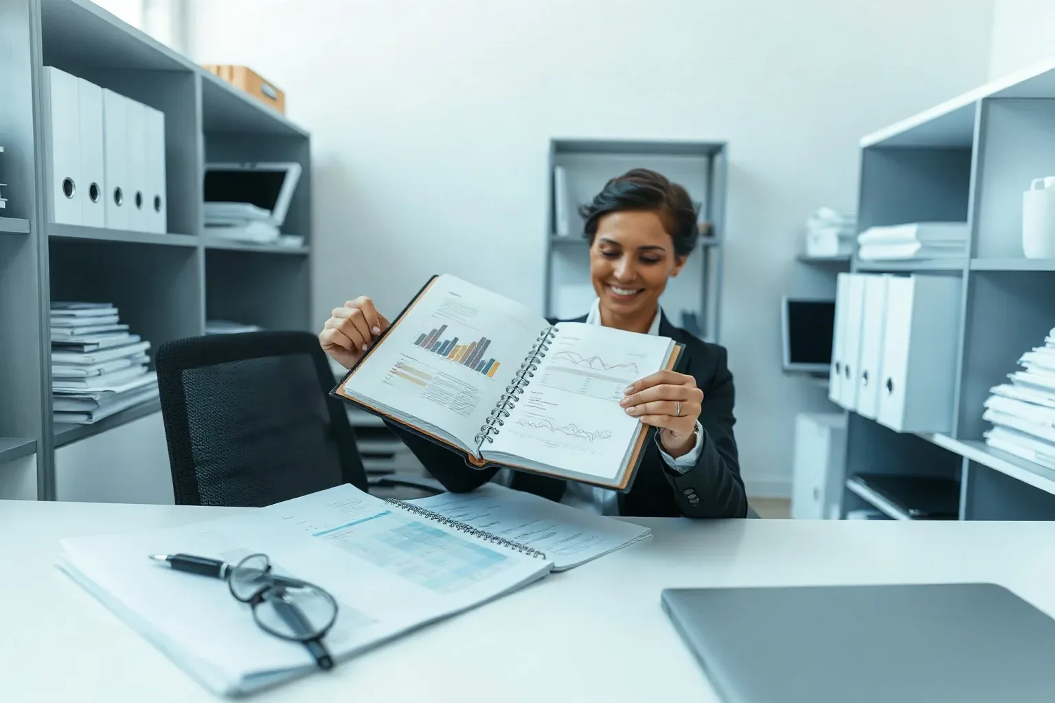A marketing professional seated at a shelved workspace pulling a ring-bound notebook open to a hand-annotated page and holding it flat beside a printed bar-chart report spread on the desk in front of them