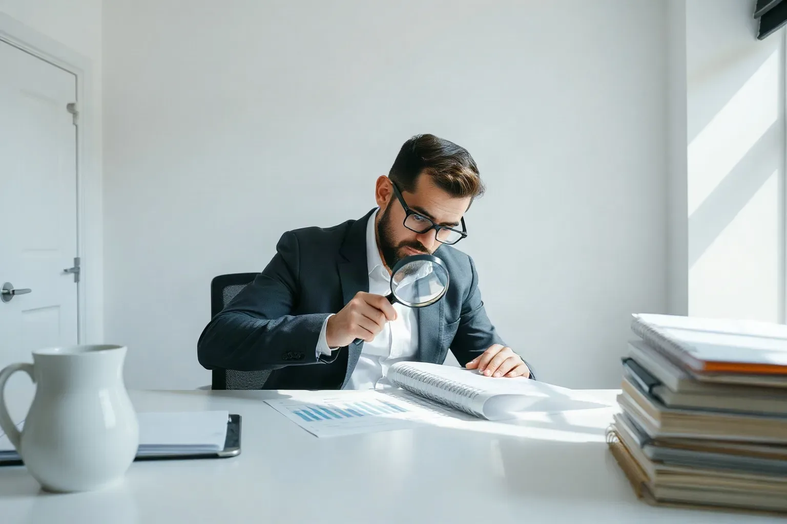 A small-business owner at a single-desk workspace setting a magnifying glass directly over a highlighted row on a printed line-chart report and leaning in while a stack of ring-bound notebooks sits at the far corner of the desk
