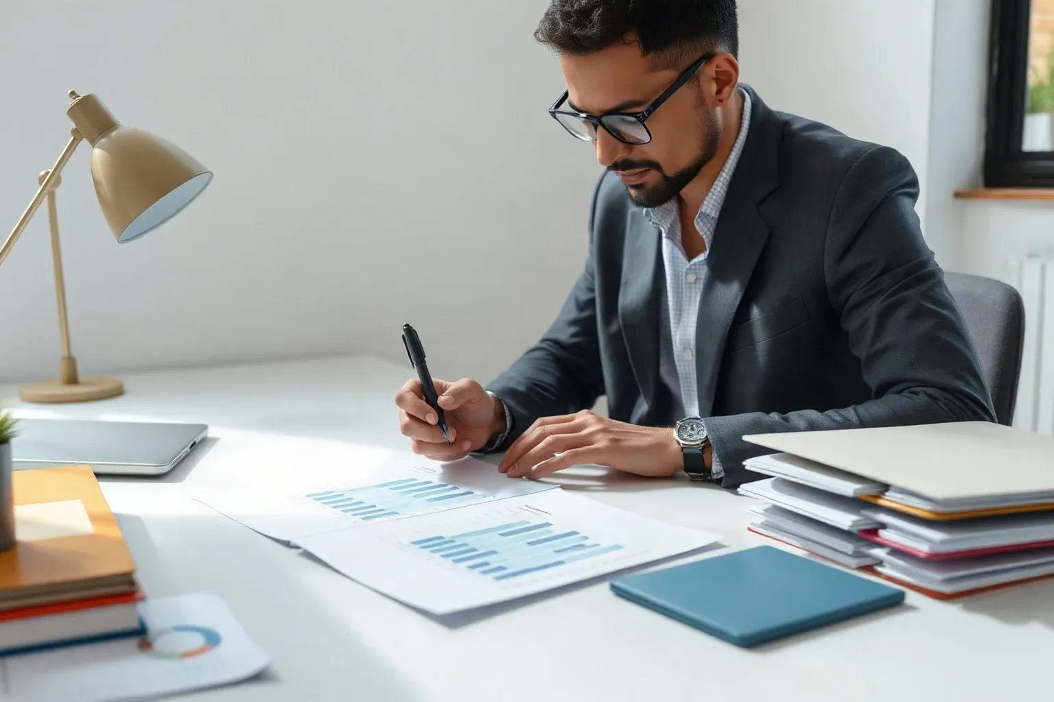 A marketing professional at a focused desk workspace spreading two printed analytics reports across the desk surface and using a pen to mark differences between their bar charts while tabbed folders are stacked to one side