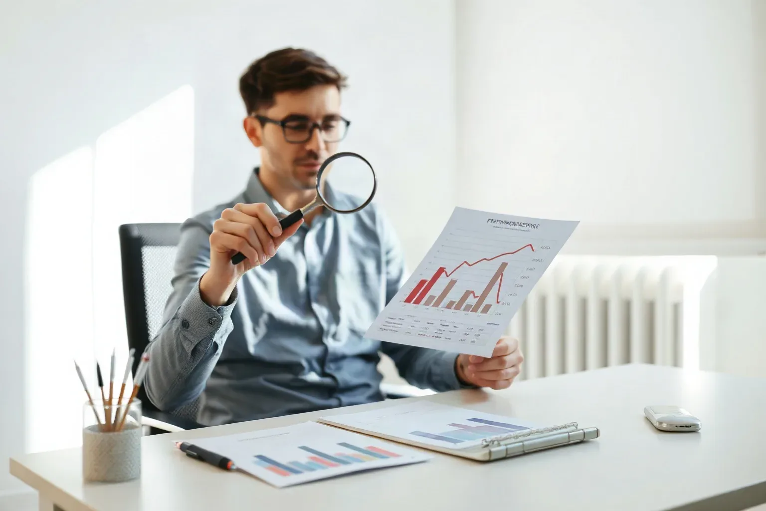 A person wearing glasses holds a magnifying glass up to a printed chart while seated at a white desk in a bright office