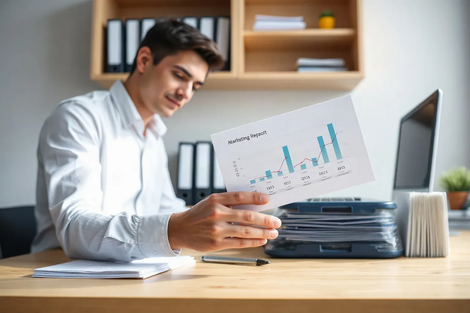 A marketing professional at a shelved workspace arranging tabbed folders in a labelled row across the desk surface while a printed analytics report with line charts is held open with the palm of one hand