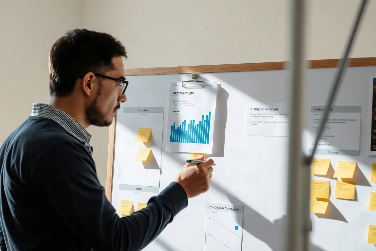 A small-business owner standing at a planning board and using a pen to annotate a sticky note already placed in an existing cluster while a printed analytics report is clipped to the board frame above
