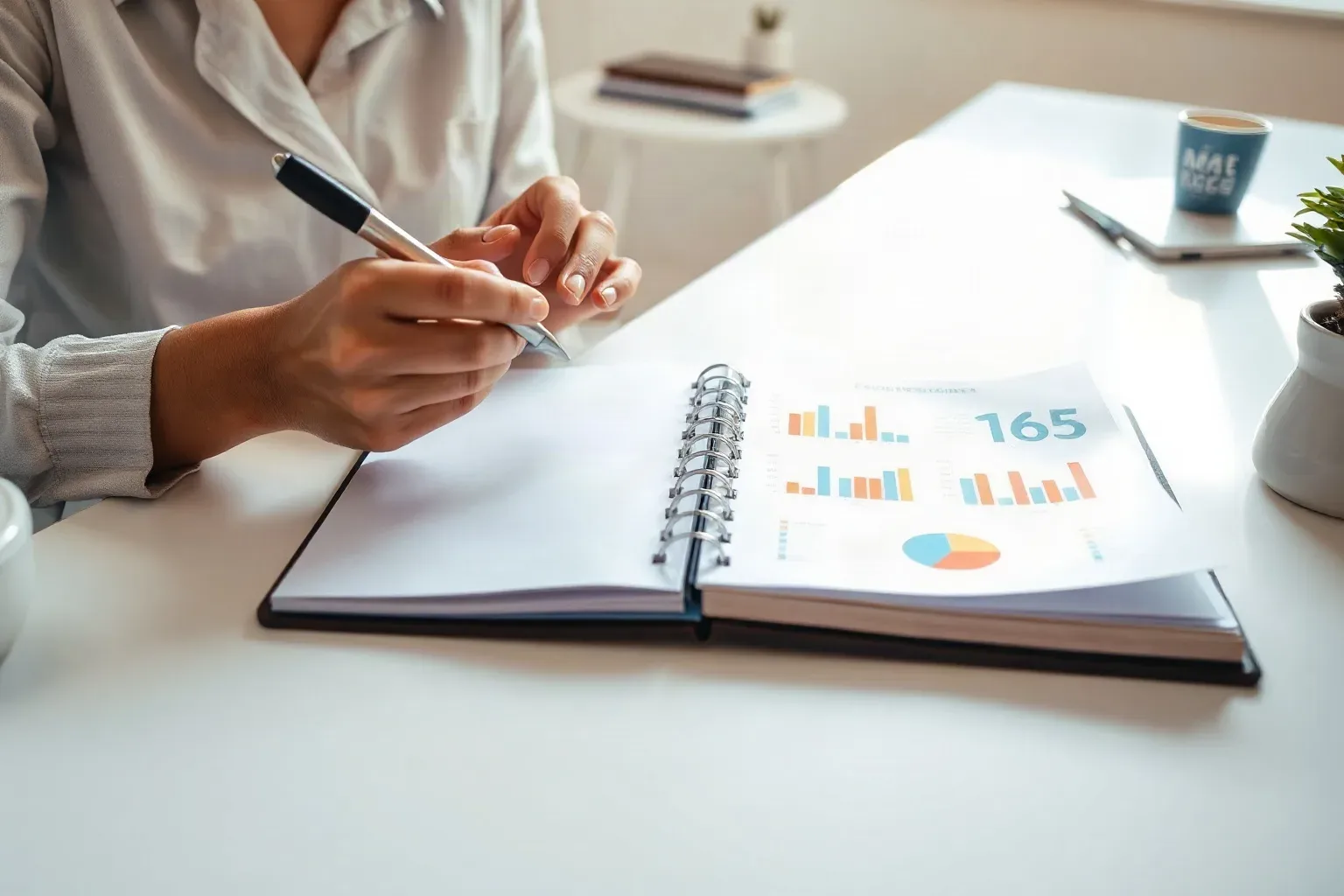 A marketing professional at a focused single-desk workspace flipping to a tabbed section of a ring-bound notebook and making a comparison note beside figures from a printed bar-chart report lying open on the same surface