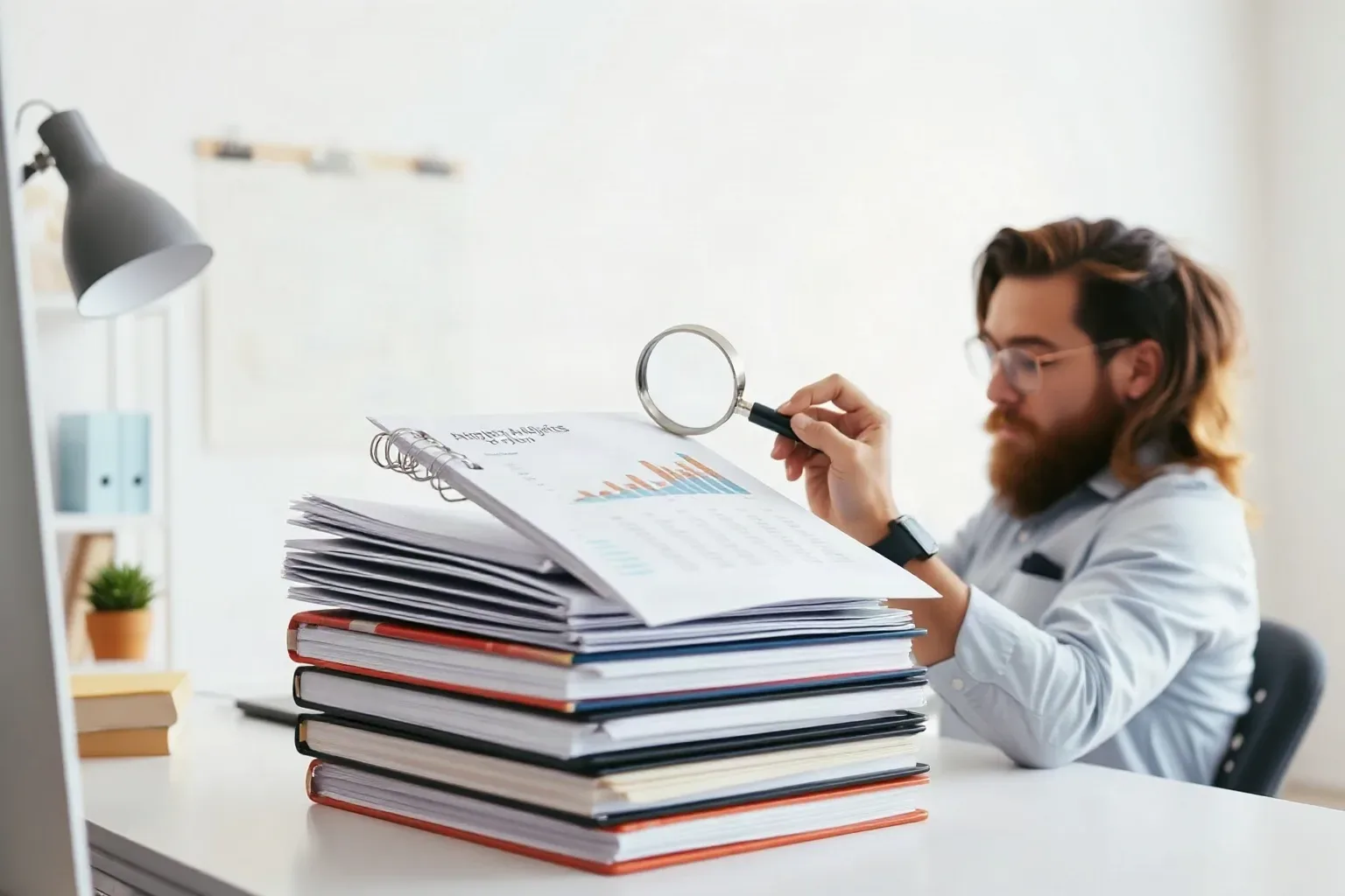 A small-business owner at a desk workspace pulling a printed analytics report from beneath a stack of ring-bound notebooks and resting a magnifying glass on the newly exposed chart page