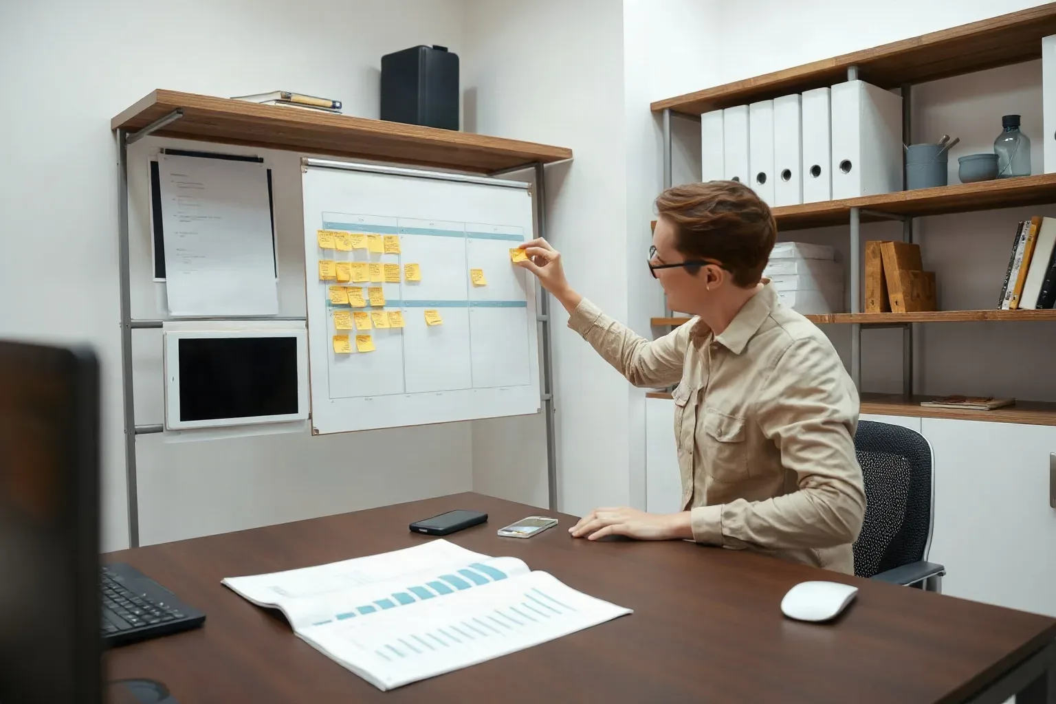 A person wearing glasses places a yellow sticky note onto a whiteboard covered in sticky notes arranged in a grid, while seated at a desk with printed charts and a smartphone nearby, in a small office with shelving