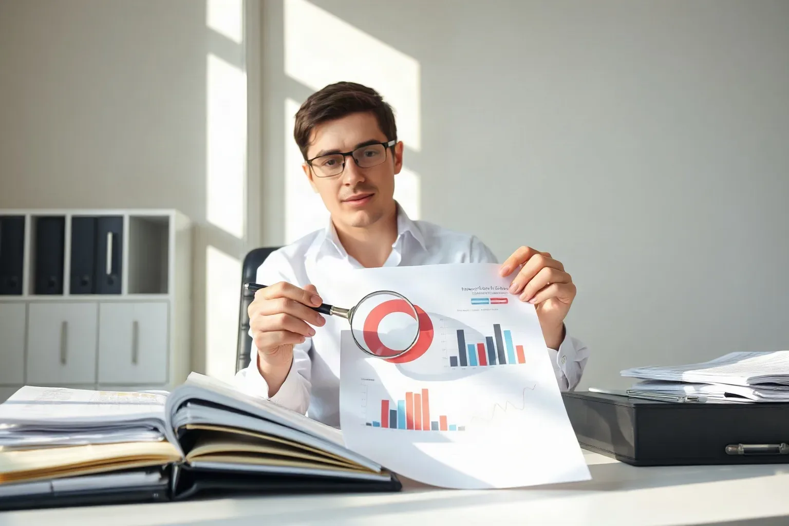 A marketing professional seated at a desk workspace holding a magnifying glass over a printed bar-chart report and circling a specific data-type entry with a red pen while tabbed folders lie open to the left