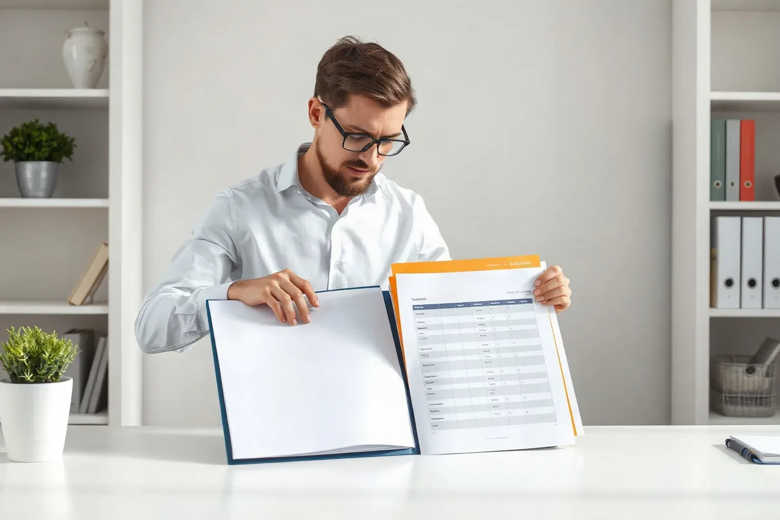 A person wearing glasses sits at a white desk, leafing through an open folder containing a printed document with a table, in a tidy office with shelving behind them