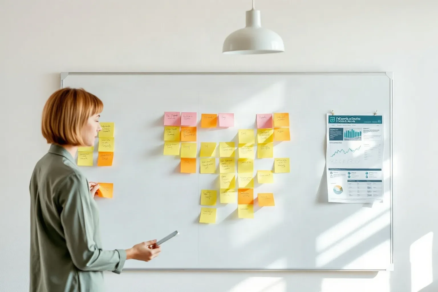 A person holding a tablet stands before a whiteboard covered in coloured sticky notes arranged in clusters, with a chart-filled document pinned to one side