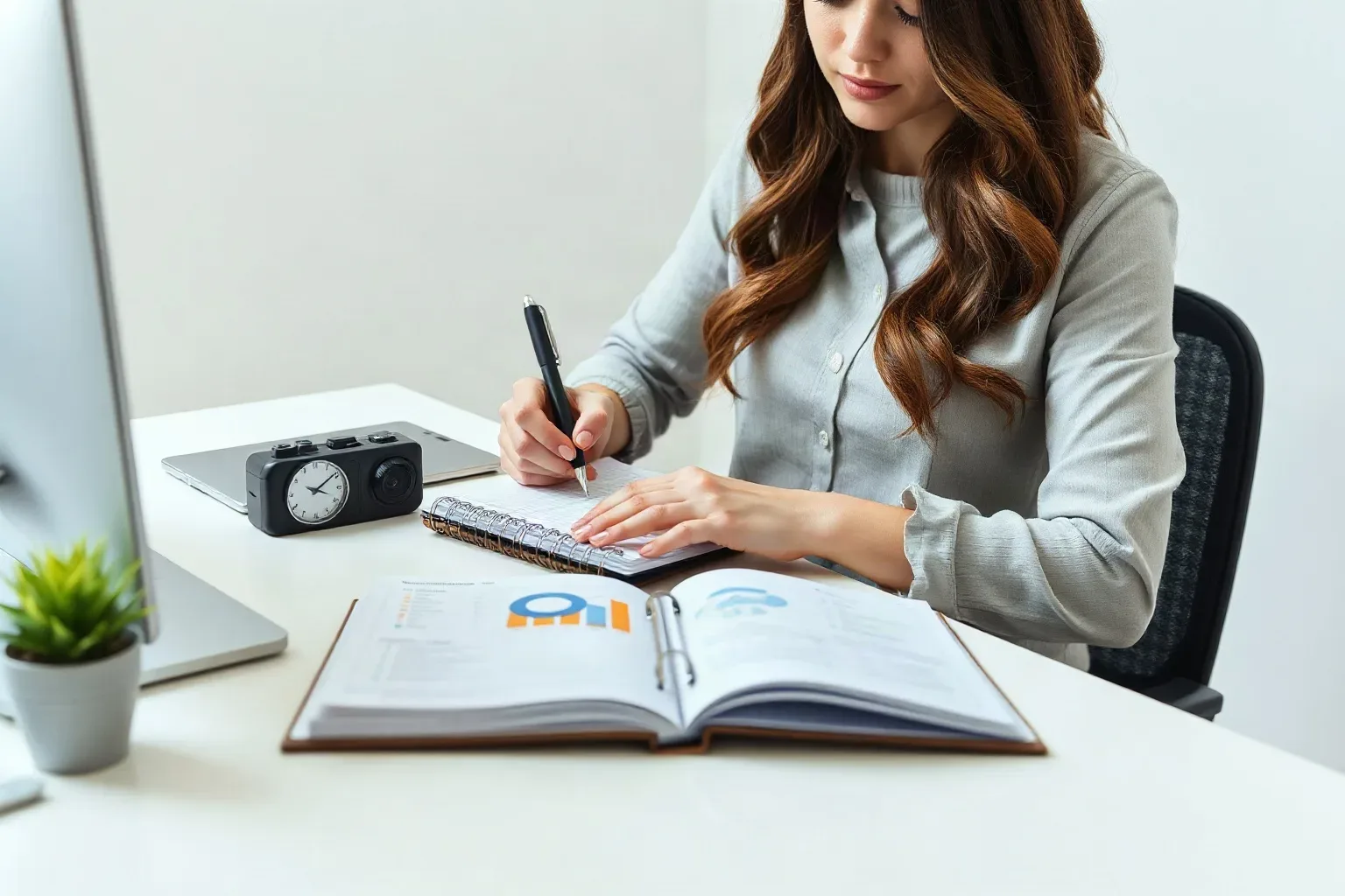 A person seated at a white desk writes in a spiral notebook beside an open report showing bar charts and a small clock