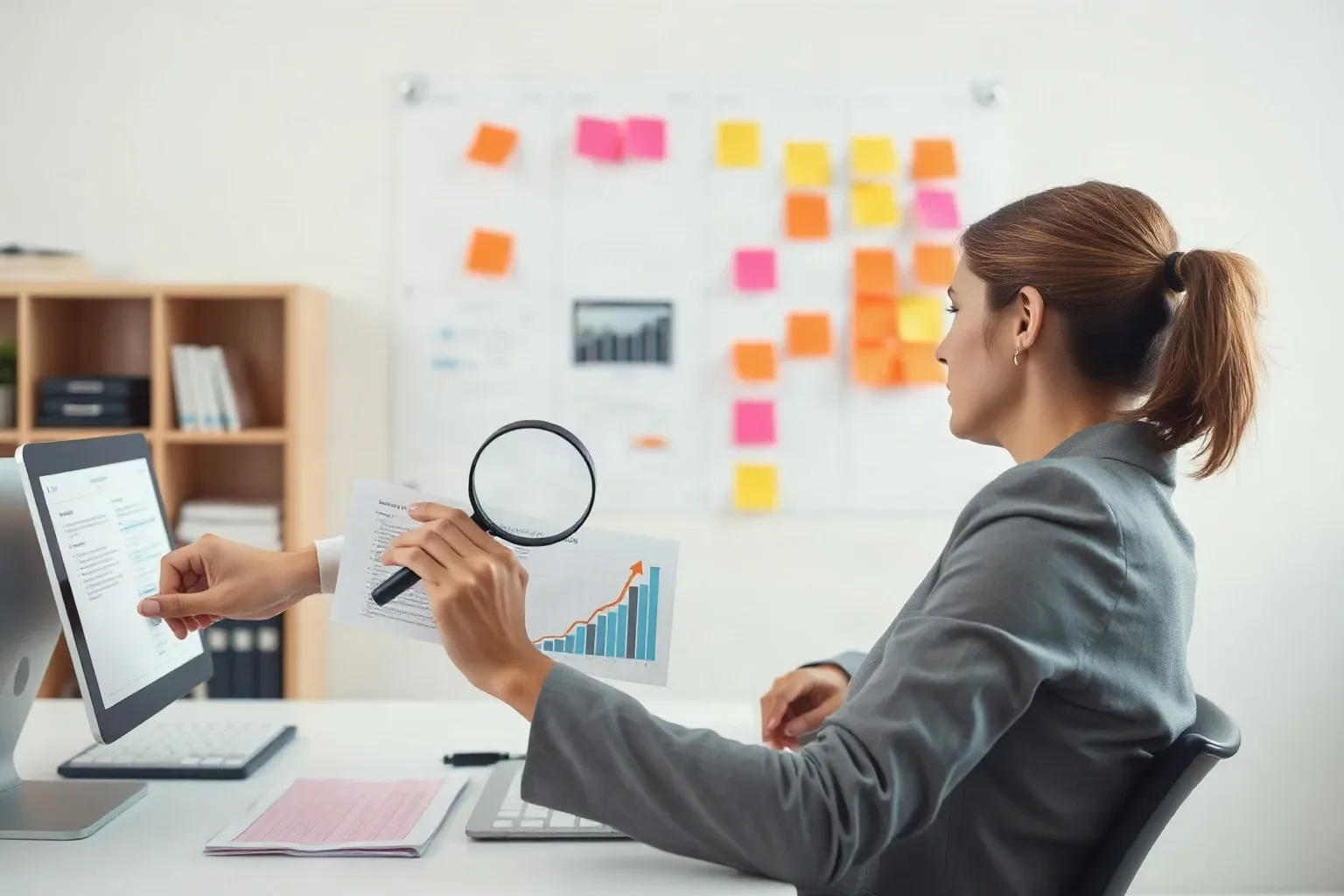 A marketing professional at a focused desk workspace resting a magnifying glass on a printed analytics report and annotating a flagged error entry in the margin while sticky notes are arranged in clusters on the planning board overhead