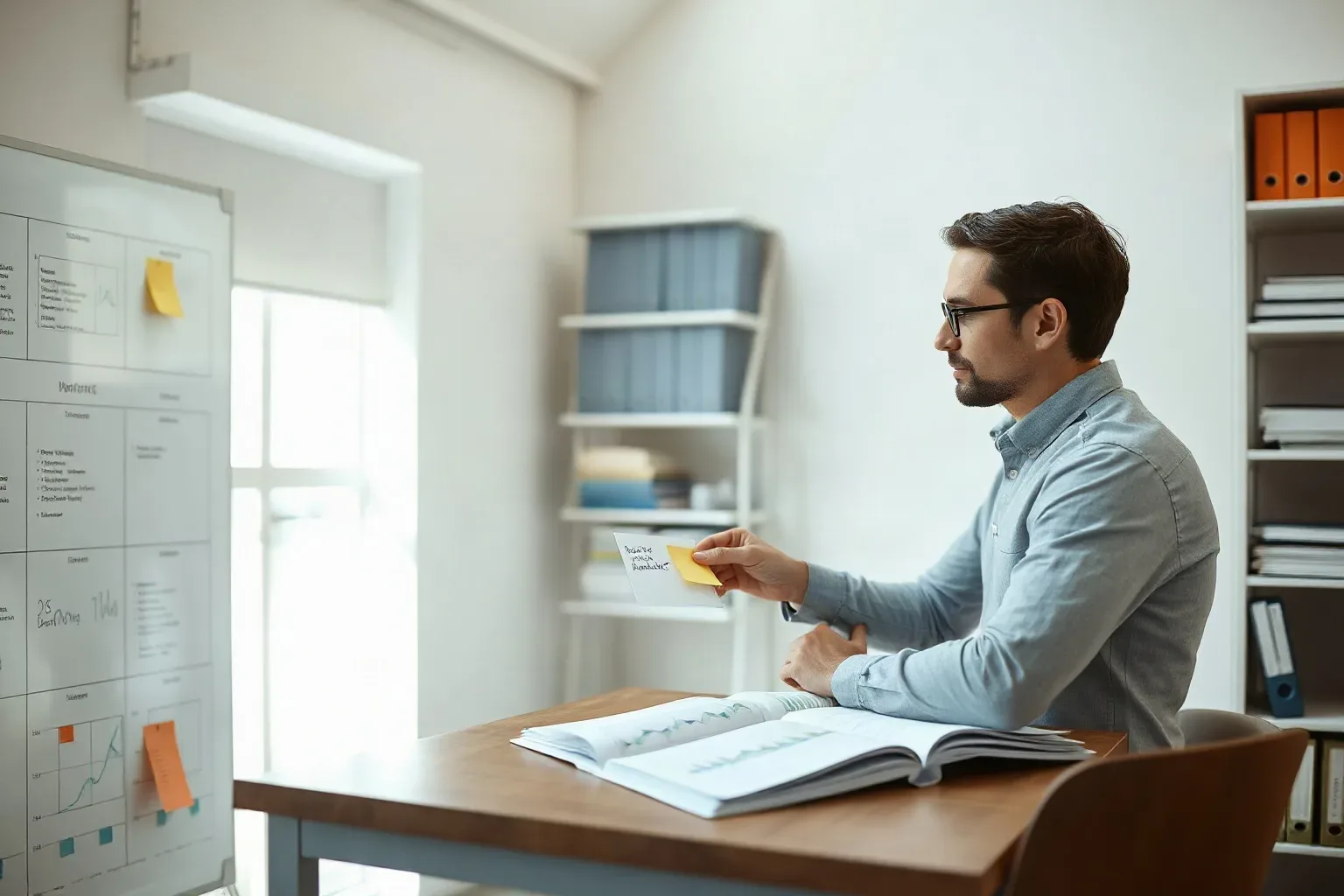 A small-business owner seated at a shelved workspace pulling a sticky note from a planning board cluster and comparing the handwritten text on it against a printed analytics report open on the desk below